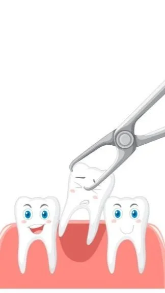 Illustration of a dental hygienist using dental forceps to remove a tooth from gum with smiling teeth on either side.