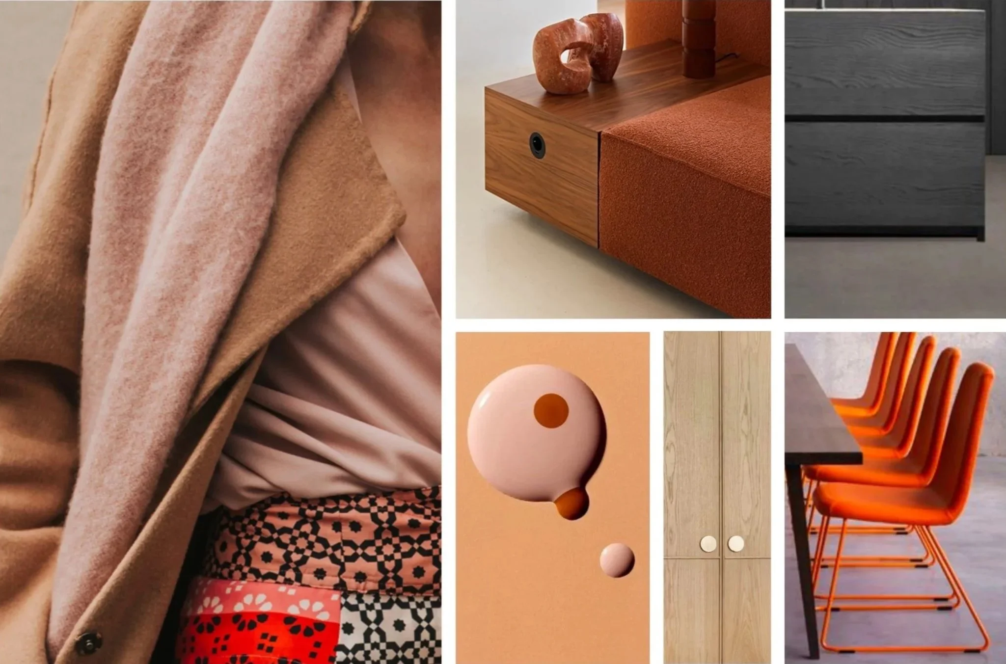 Collage van interieurmeubels en decoratie: close-up van een persoon in roze en beige kleding, houten tv-meubel met keramische beeldjes, grijze houten lade, roze keramische vaas, houten kast, oranje stoelen rond een tafel.