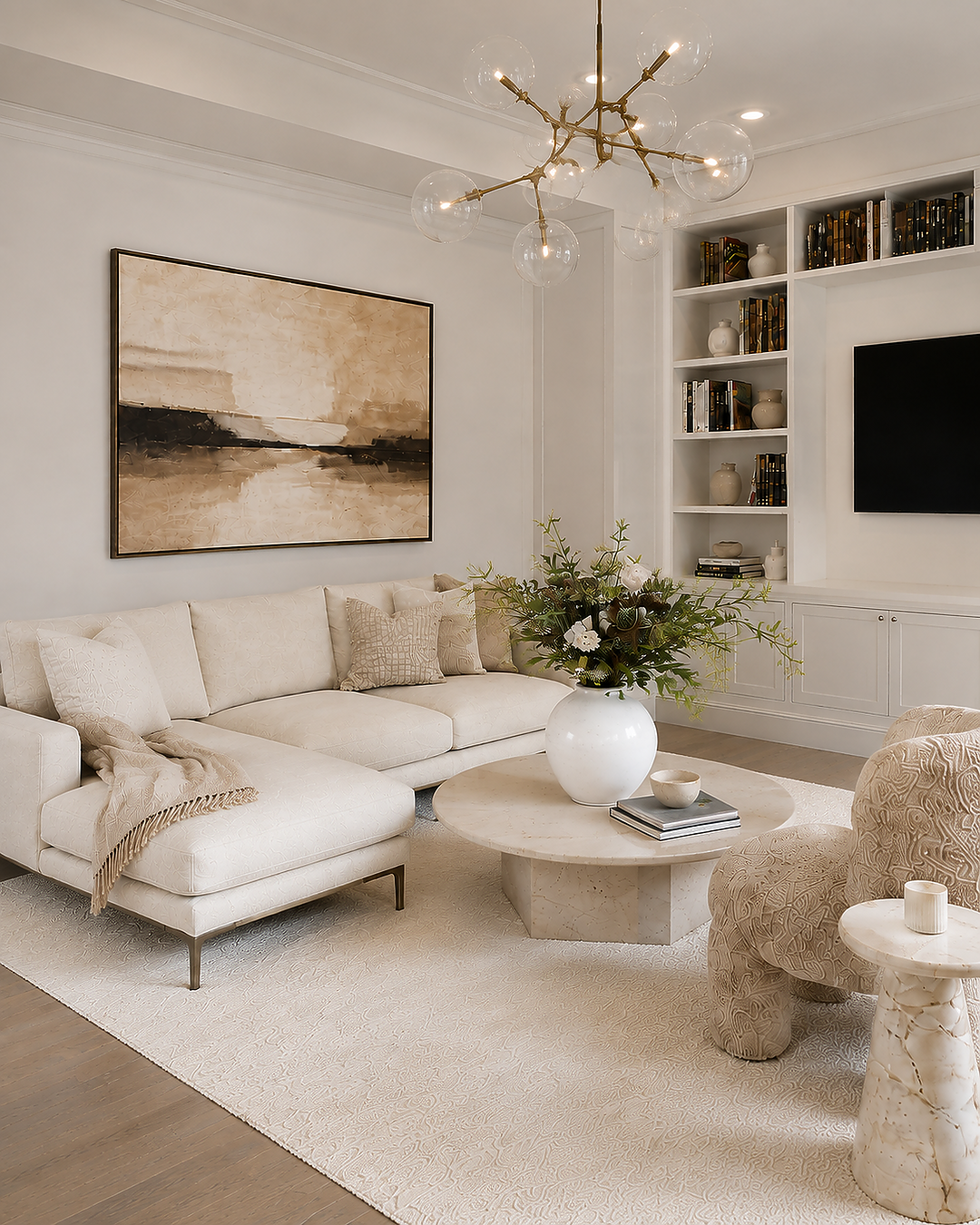 Elegant living room with cream-colored sofa, marble coffee table with a large floral arrangement, built-in bookshelf with books and decorative items, wall-mounted TV, abstract artwork, and modern chandelier with glass globes.