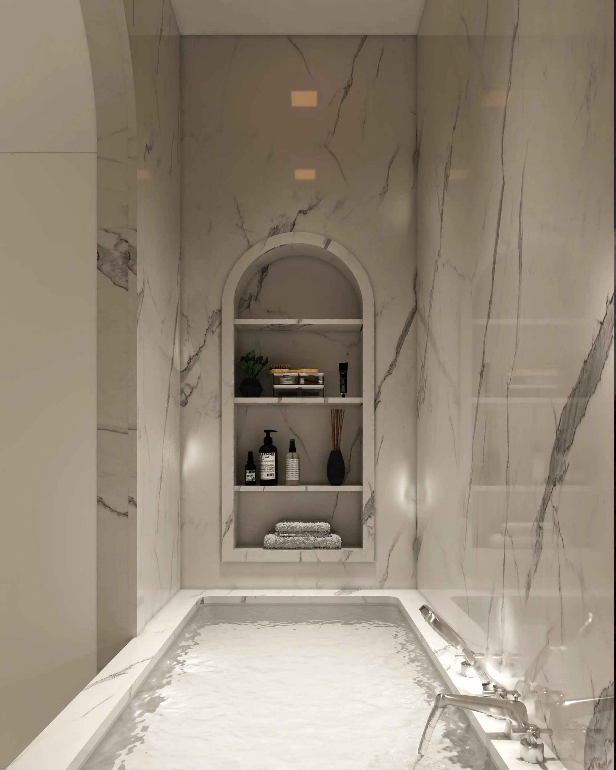 Custom kitchen design with navy blue cabinets and marble countertop by RI Architecture (RIA), New York City