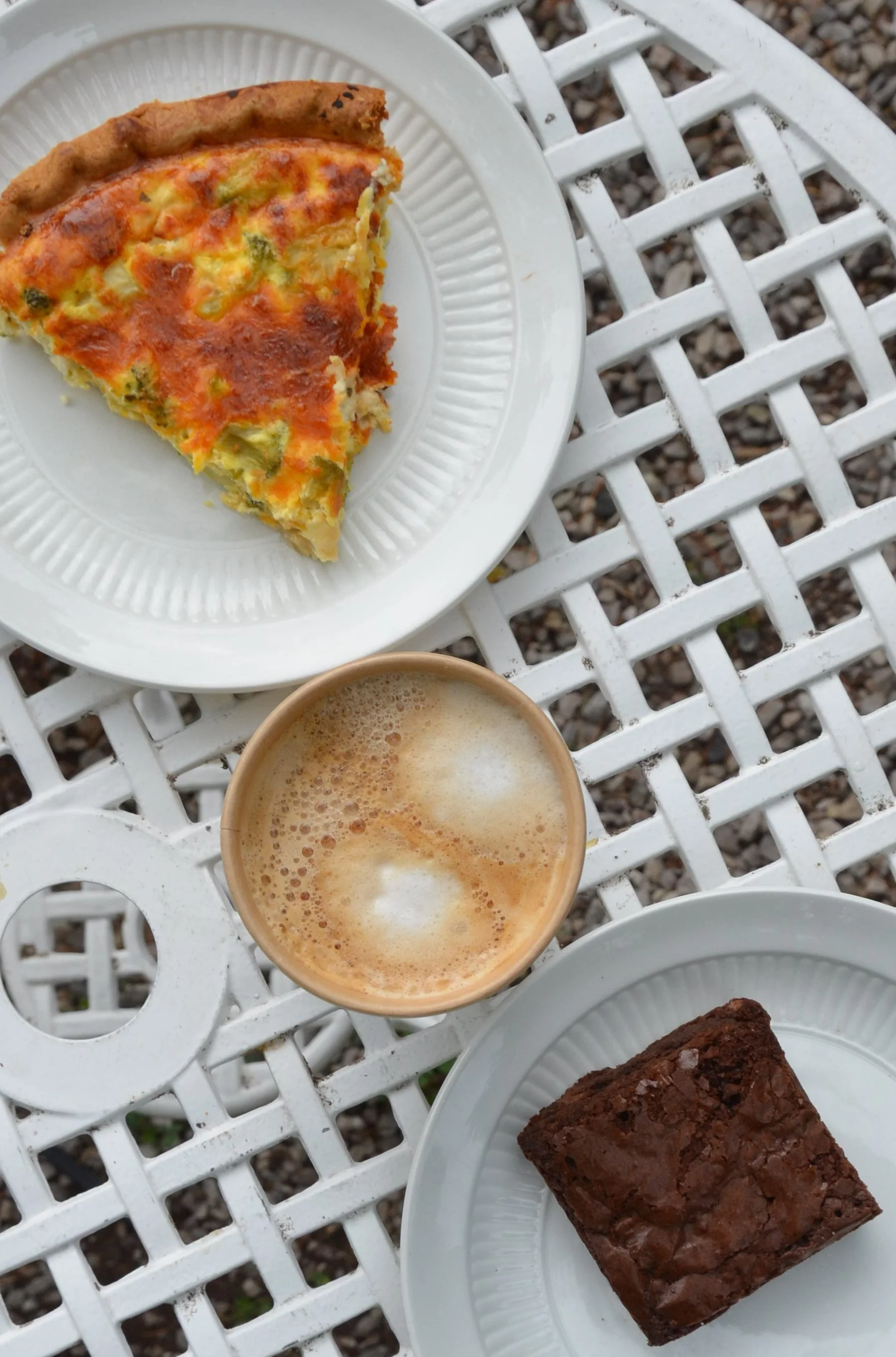 quiche, coffee, brownie