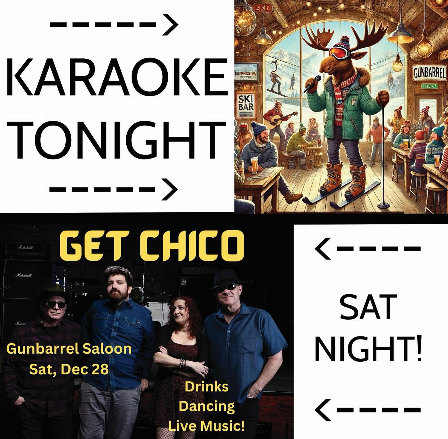 🎤🎶 Ready to sing your heart out? Karaoke night is TONIGHT at the Gunbarrel Saloon&mdash;grab your friends, a drink, and take the mic! 🎵 

Then, don&rsquo;t miss Get Chico LIVE this Saturday night for a performance you won&rsquo;t forget! 🤩 Come f