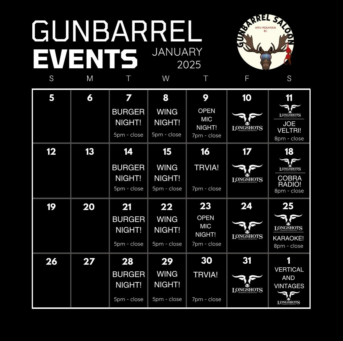 January is in full swing and we&rsquo;ve got lots happening at The Gunbarrel! Save this calendar to be up to date with specials, band nights, and other events we&rsquo;re puttin on! ⛷️🍔🍻