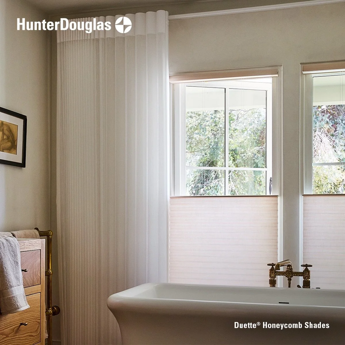 Hunter Douglas Duette Honeycomb Shades are one of those rare window treatments that truly do it all. 

Their signature honeycomb design traps air to help insulate your home, keeping cold weather out in winter and heat at bay in summer while allowing 