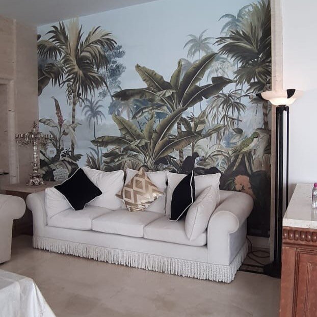 Our tropical wallpaper adorn the wall for recently completed site - Ruia house.  #wallpapers#wallart #mural #interiordesign #interiordecorating #interiorstyling #interior_and_living #homestylist #luxury#interior#design#formal#living#room#refurbished 
