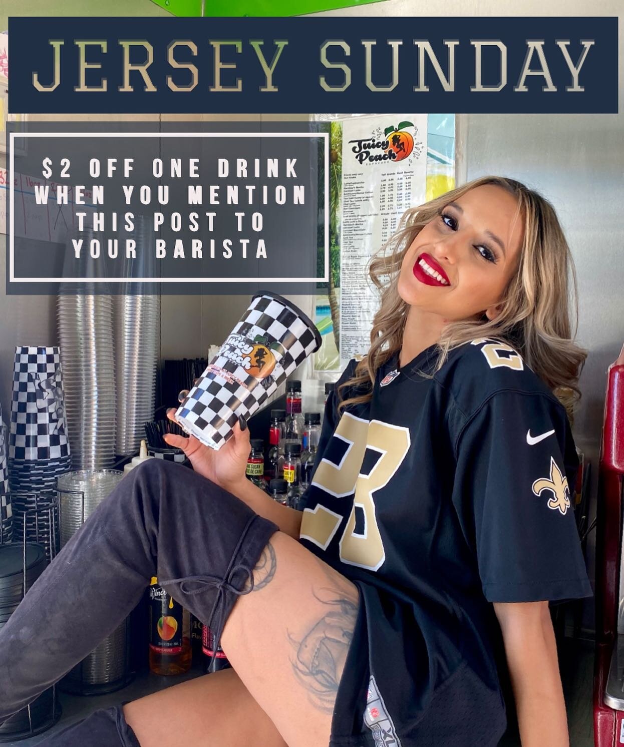 Tomorrow will be the start of Jersey Sunday! 🏈 
Wear your team&rsquo;s jersey and come grab your favorite drink for $2 off only tomorrow and every Sunday until Feb 13🥤 
*must show this post to your barista at the window to receive discount* 

#jers