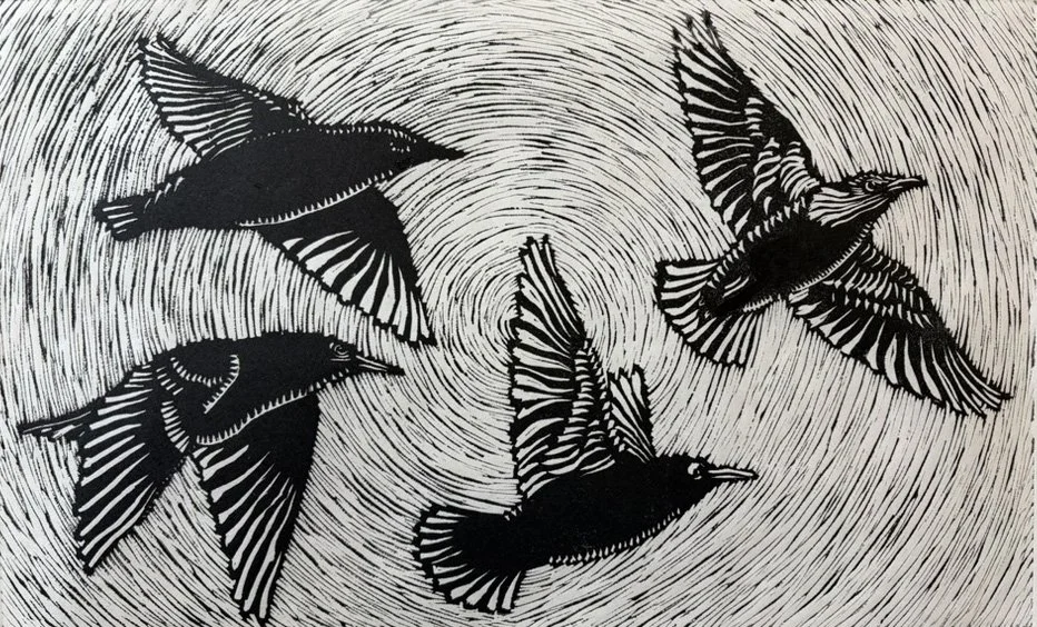 As They Flock, Linoprint on Paper, 14.5" x 8.5"