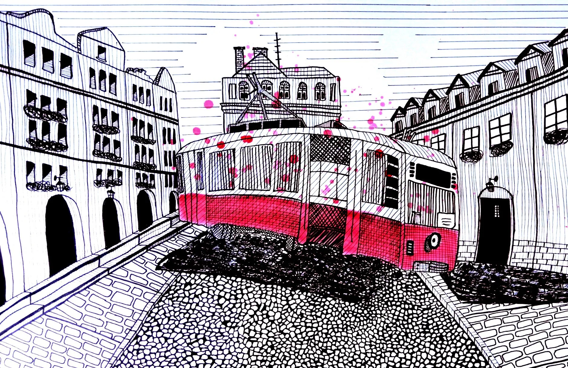 Drawing Poland: tram by the city hall, Jelenia Góra