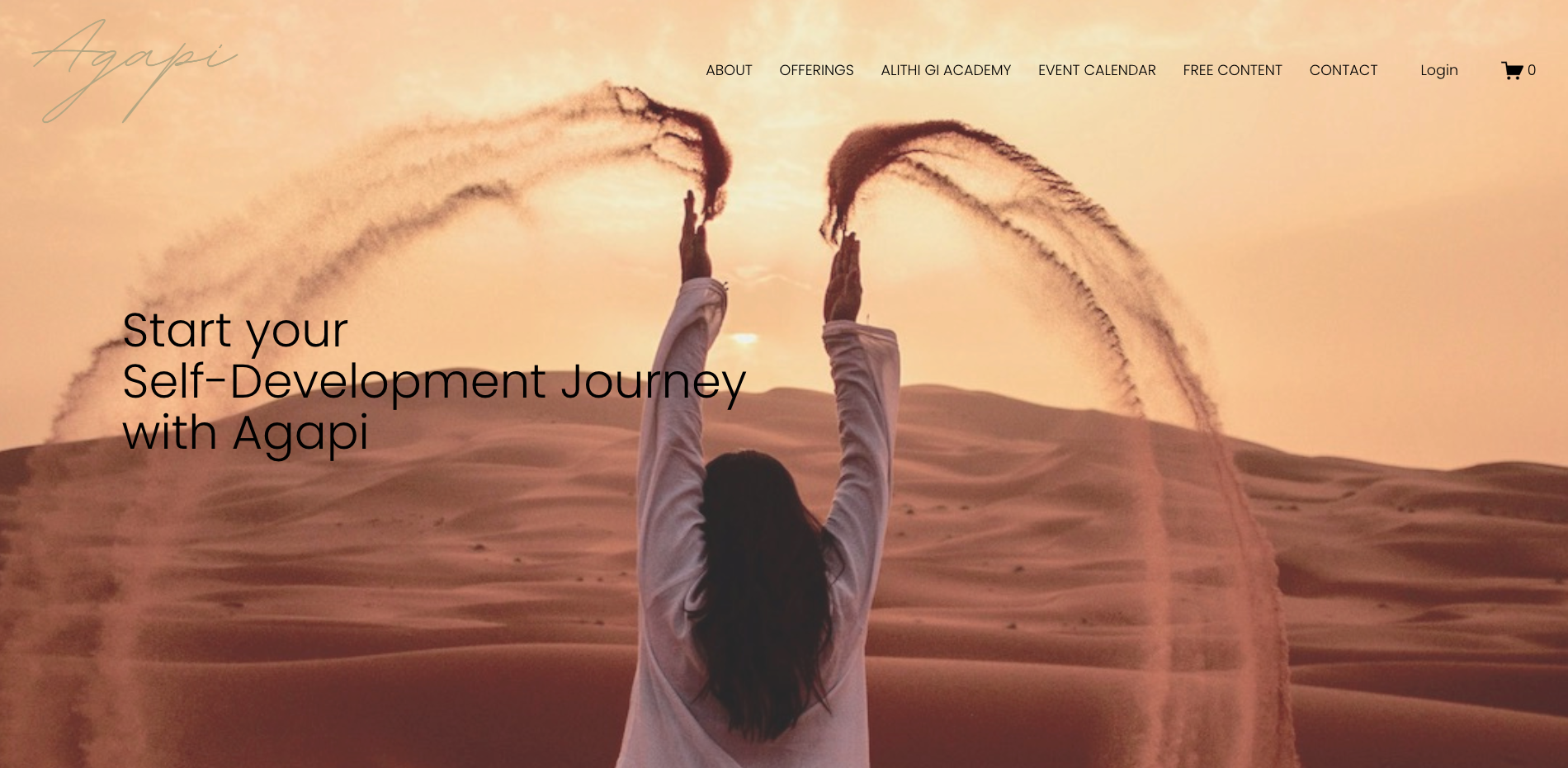 A woman in a desert at sunset, raising her arms with sand swirling around her