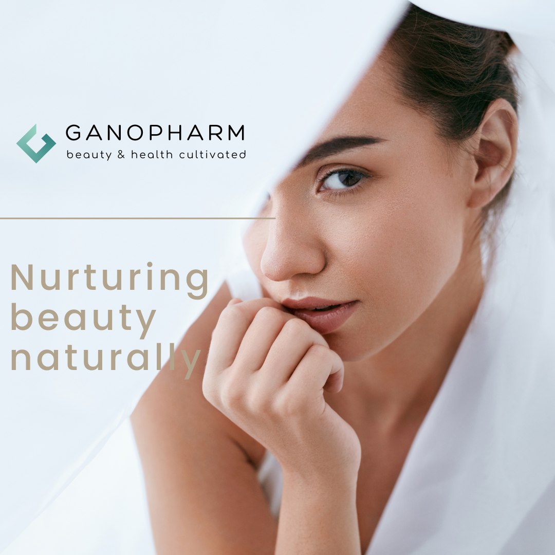 A woman with fair skin looking at the camera with her hand near her chin, partially covered by a white fabric. The image features text and a logo for Ganopharm, emphasizing natural beauty and health.