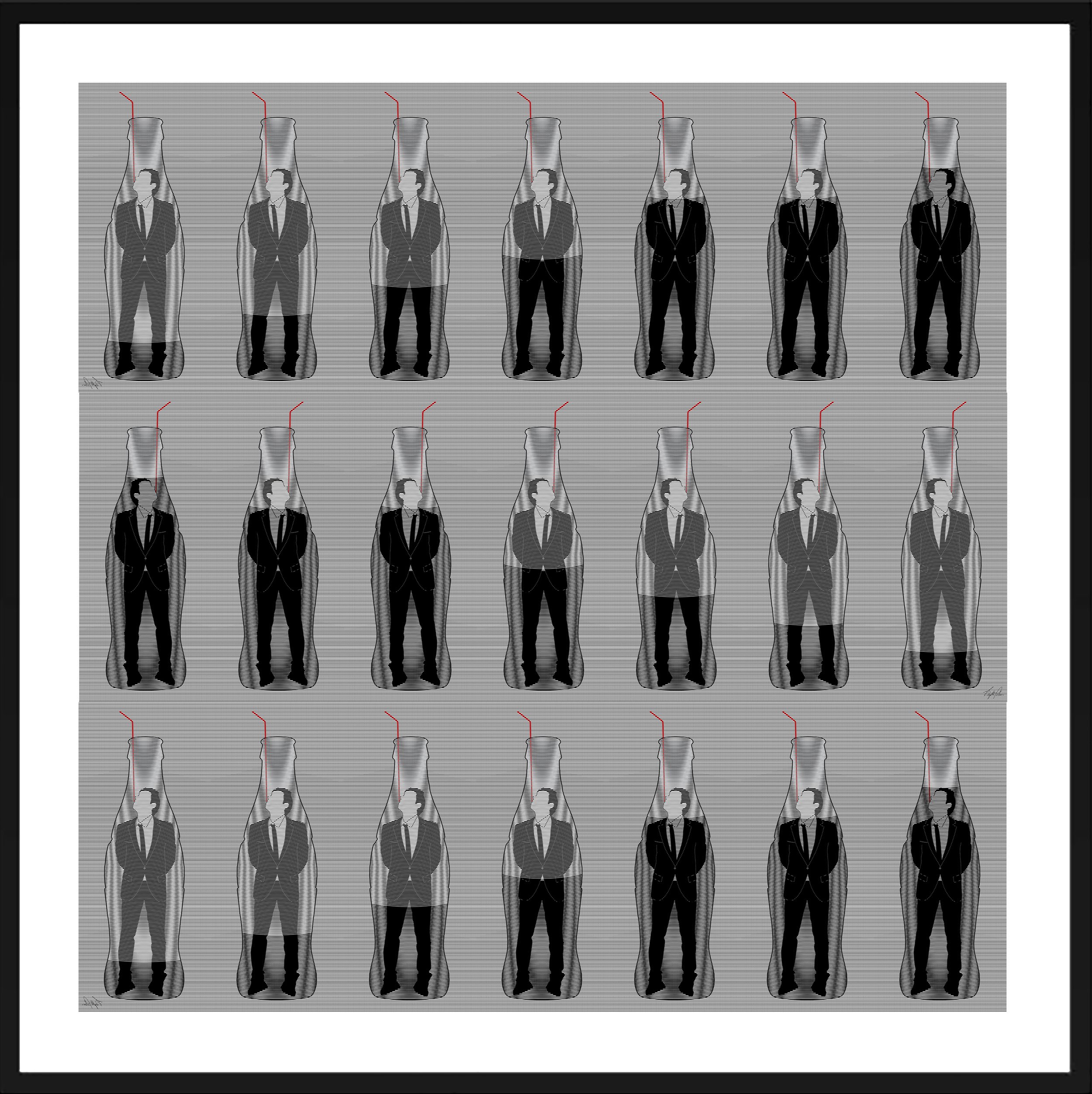 Pattern of man in suit inside a soda bottle with red straw, repeating in rows and columns.