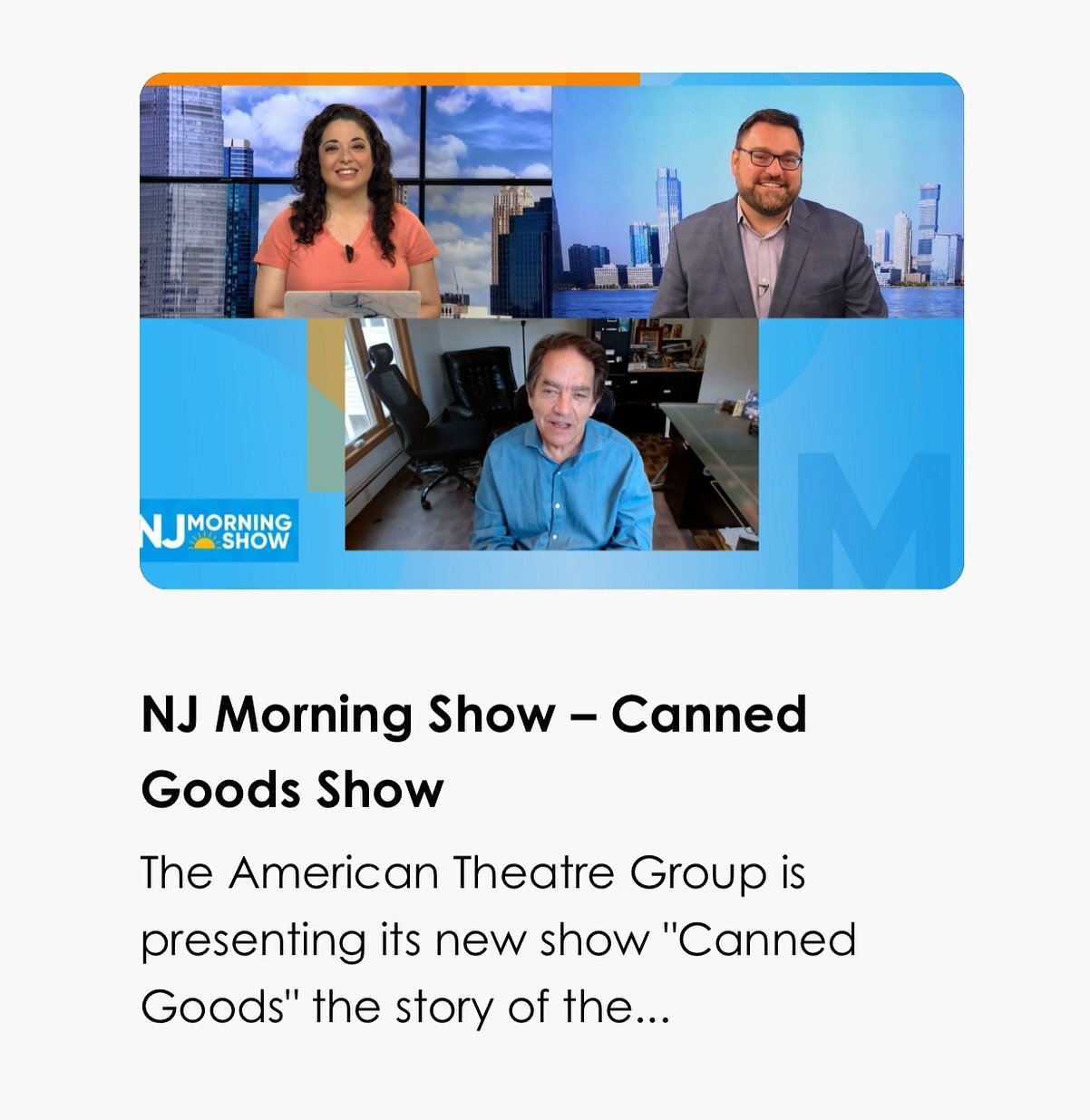 Our Producing Artistic Director Jim Vagias was a guest on the NJ Morning Show to discuss Canned Goods. Watch the interview (Jim&rsquo;s spot is 3.5 min in) at the link in our bio. #americantheatergroup #njtheater #onnj