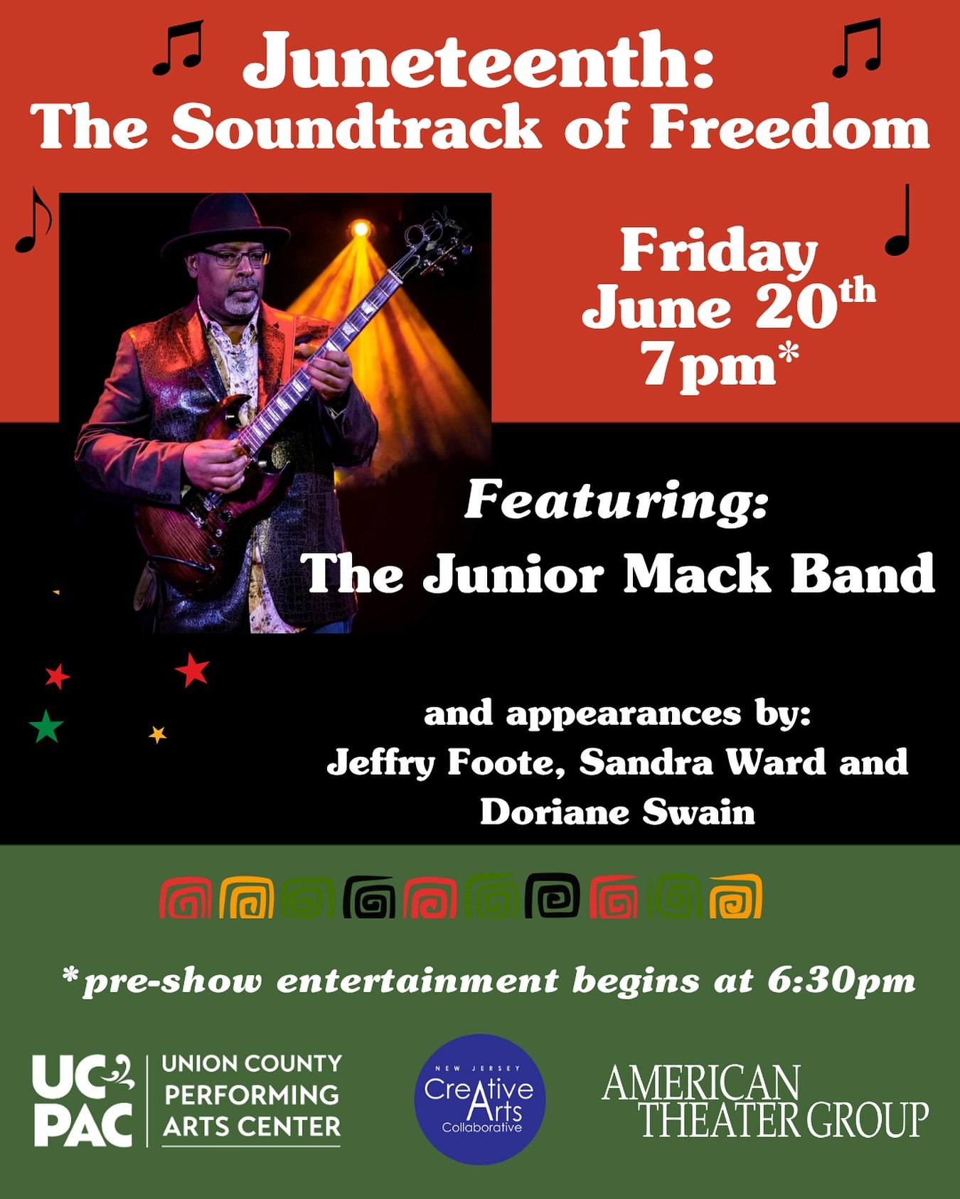 Get your tickets now for this rousing Juneteenth event, a joyous celebration featuring music, dance and poetry, headlined by the incredible Junior Mack Band! Ticket link in bio. Performed at UCPAC&rsquo;s Hamilton Stage. #americantheatergroup #rahway
