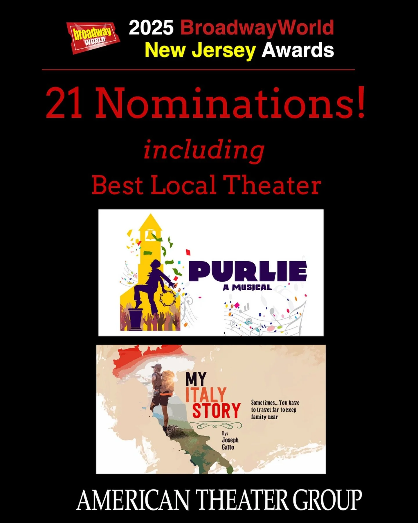Excited to announce our 21 nominations for our productions last season! Please support our incredible artists and vote by Dec 31st! Link in bio. #americantheatergroup #njtheater #regionaltheater #broadwayworldawards