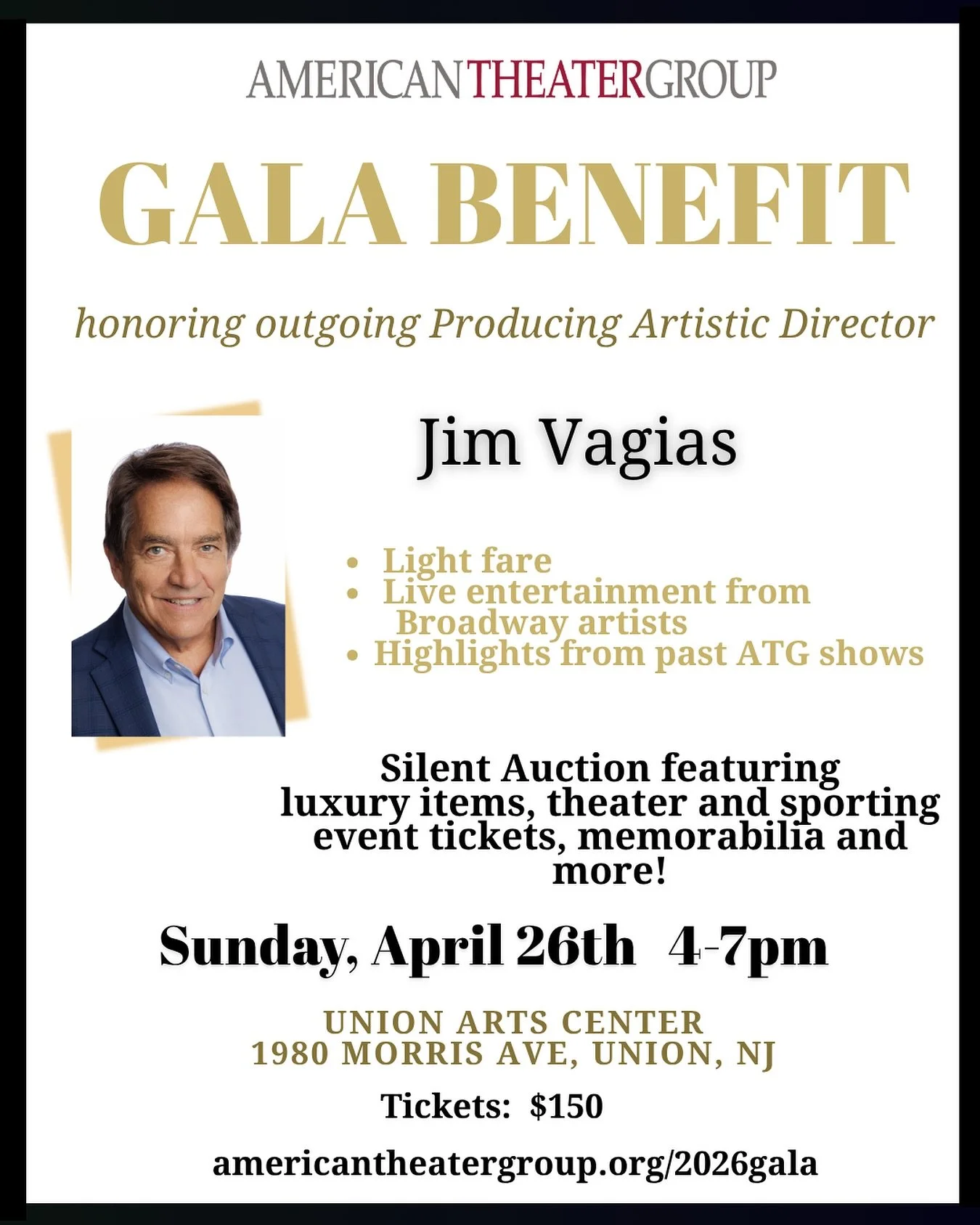Tickets are limited! Don&rsquo;t miss a wonderful afternoon of great entertainment, delicious light bites and a fantastic silent auction as we honor our co-founder and leader Jim Vagias who will be retiring this summer. Ticket link in bio. #njtheater