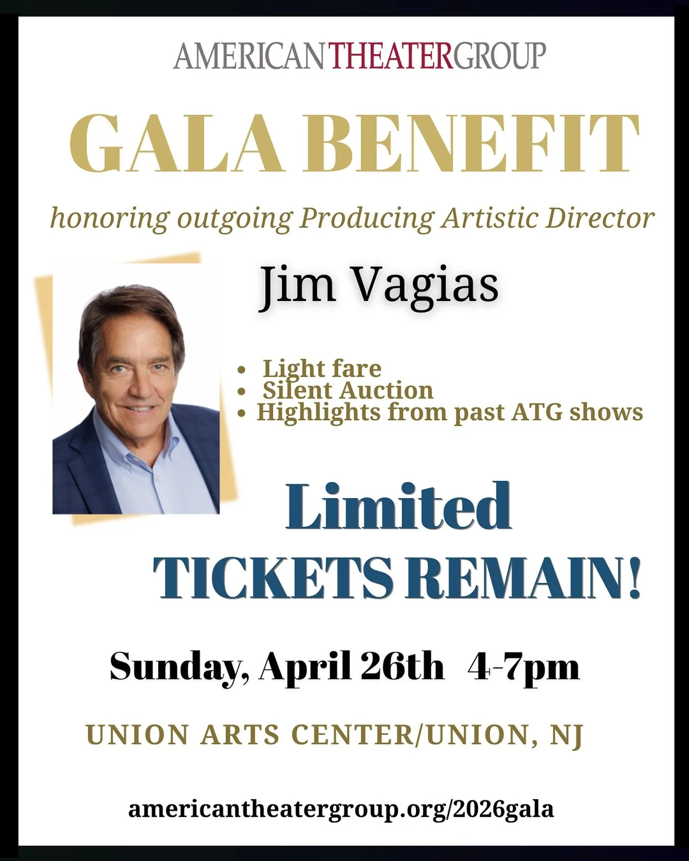 Last chance to get your tickets for our Gala Benefit as we celebrate our beloved co-founder and leader Jim Vagias who will be retiring this summer. Availability is limited- ticket link in bio. #njtheater #regionaltheater #theaterbenefits