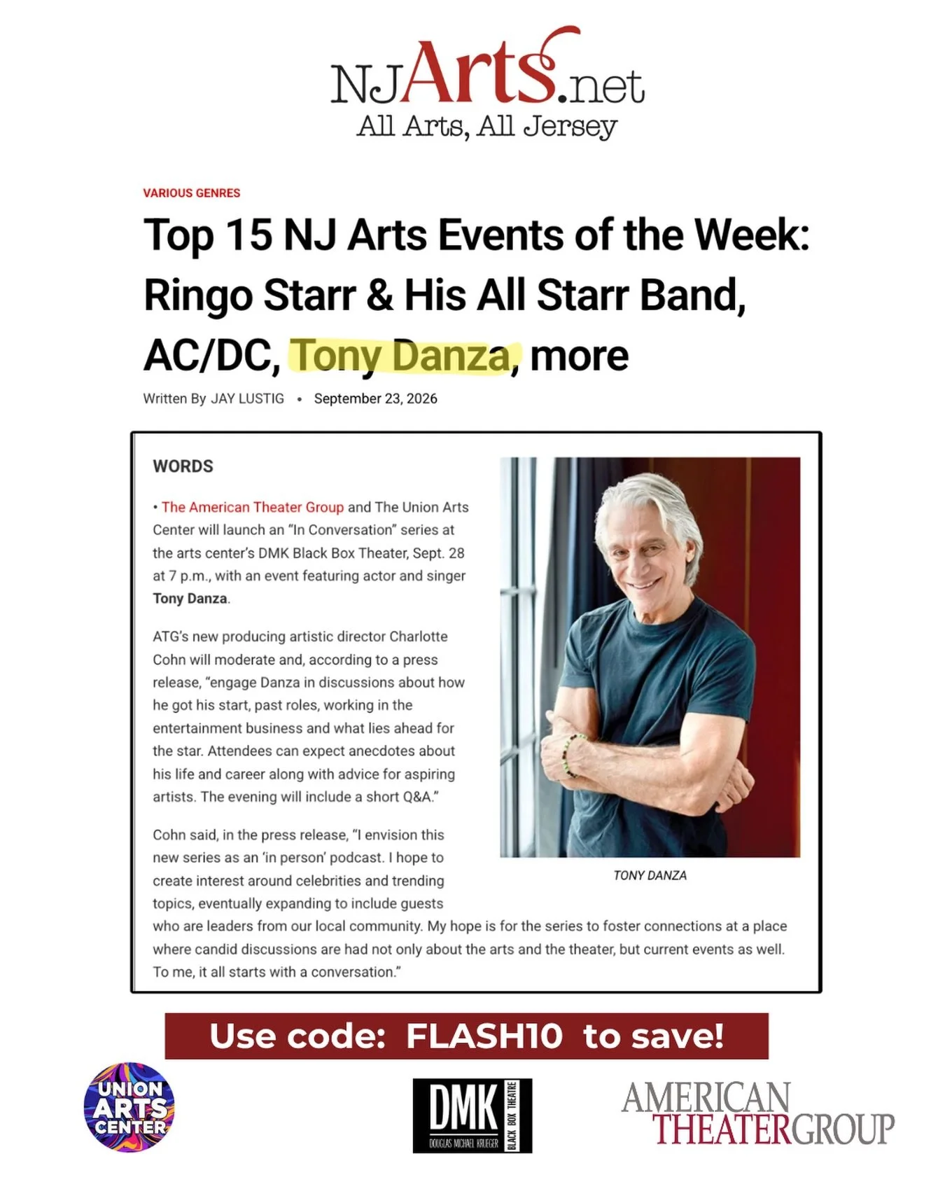 Don&rsquo;t miss one of the top arts events of the week as we welcome TV and theater star Tony Danza to our &ldquo;In Conversation&rdquo; series at the Union Arts Center. General seating just $40 with code FLASH10. Ticket link in bio. #njtheater #ton