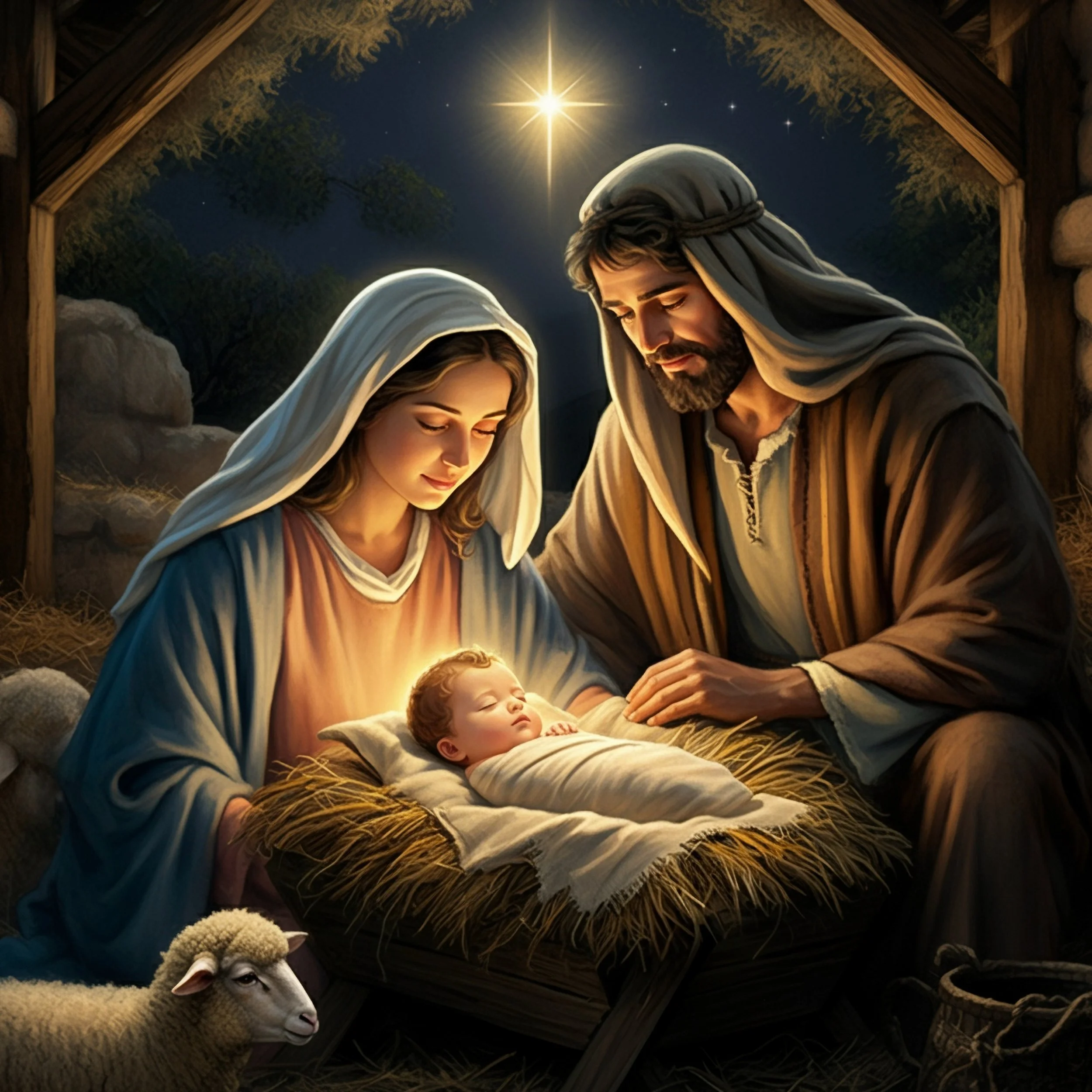 A digital painting of Mary, Joseph, and baby Jesus in a manger scene under a bright star with a sheep in the foreground.
