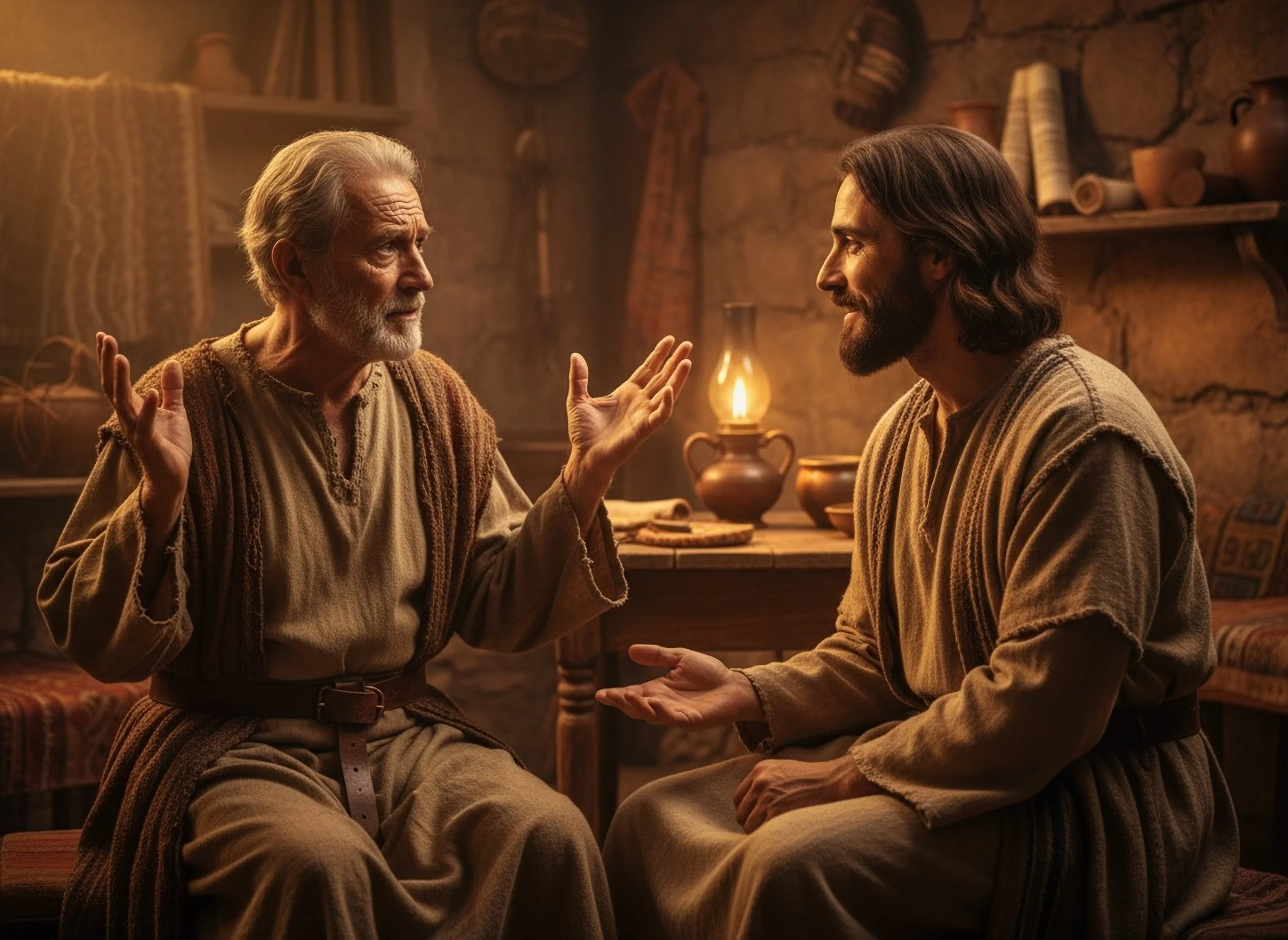 Nicodemus asks Jesus how can an old man be born again