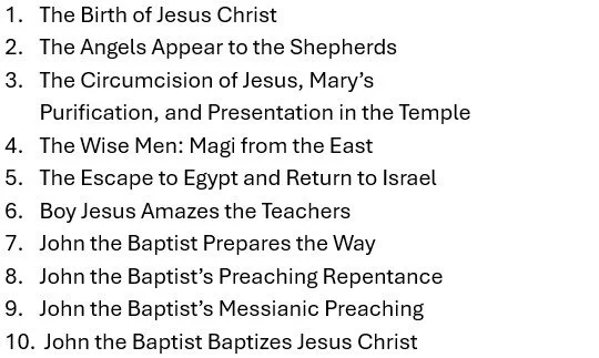 Agenda outline with topics related to Jesus' life, teachings, and baptism, including his birth, ministry, and presentation at the temple.