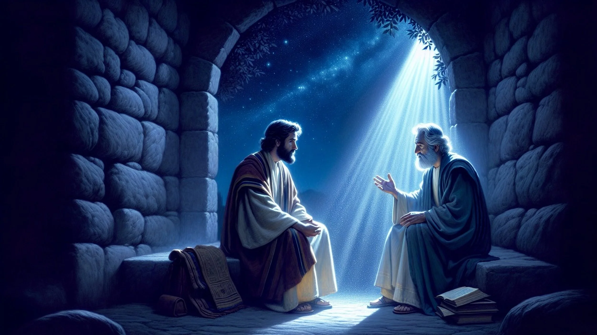 Nicodemus and Jesus conversing at night