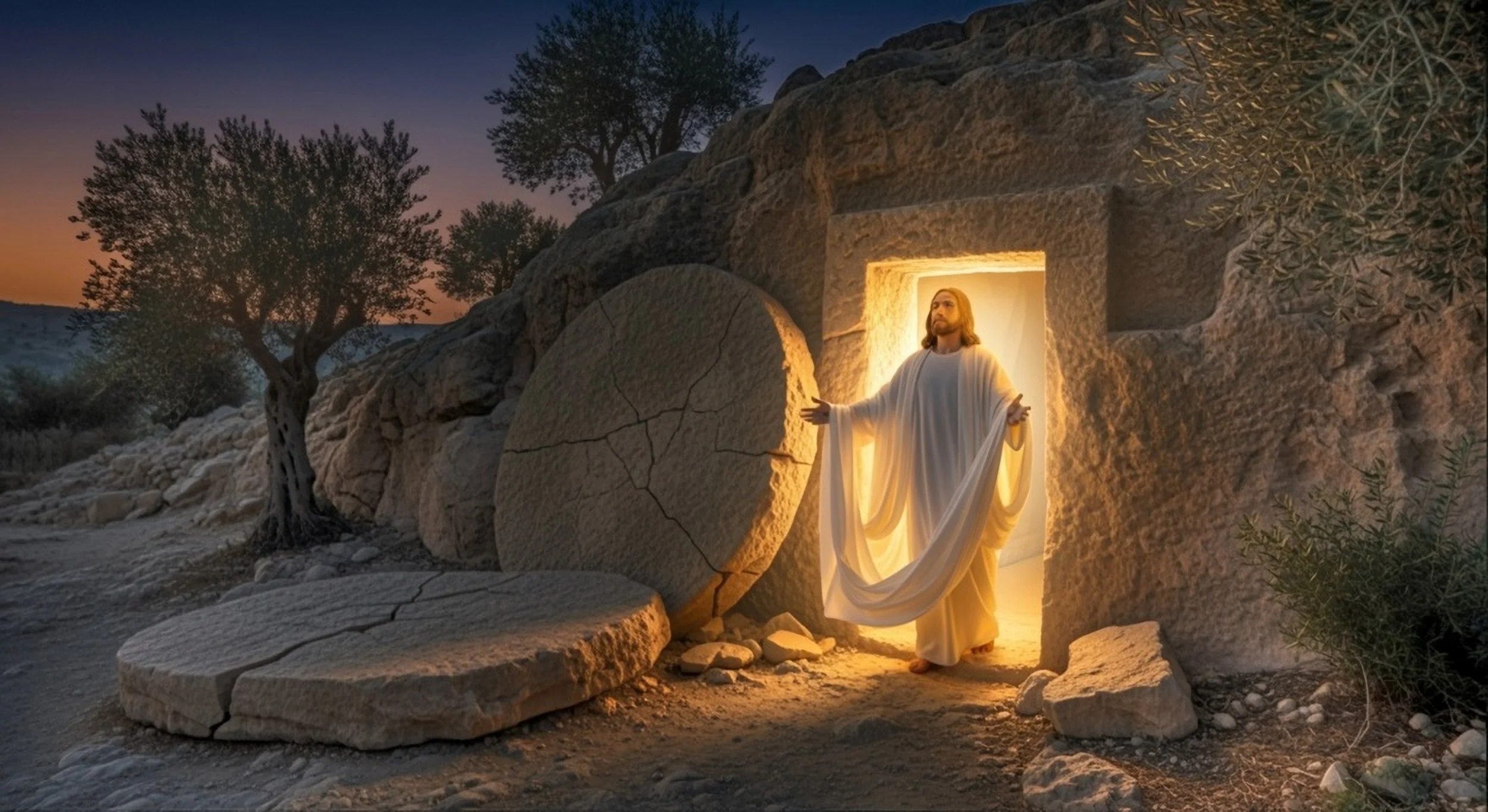 Jesus Christ standing in an open doorway of a stone tomb, illuminated from behind, with tree and sunset in the background.