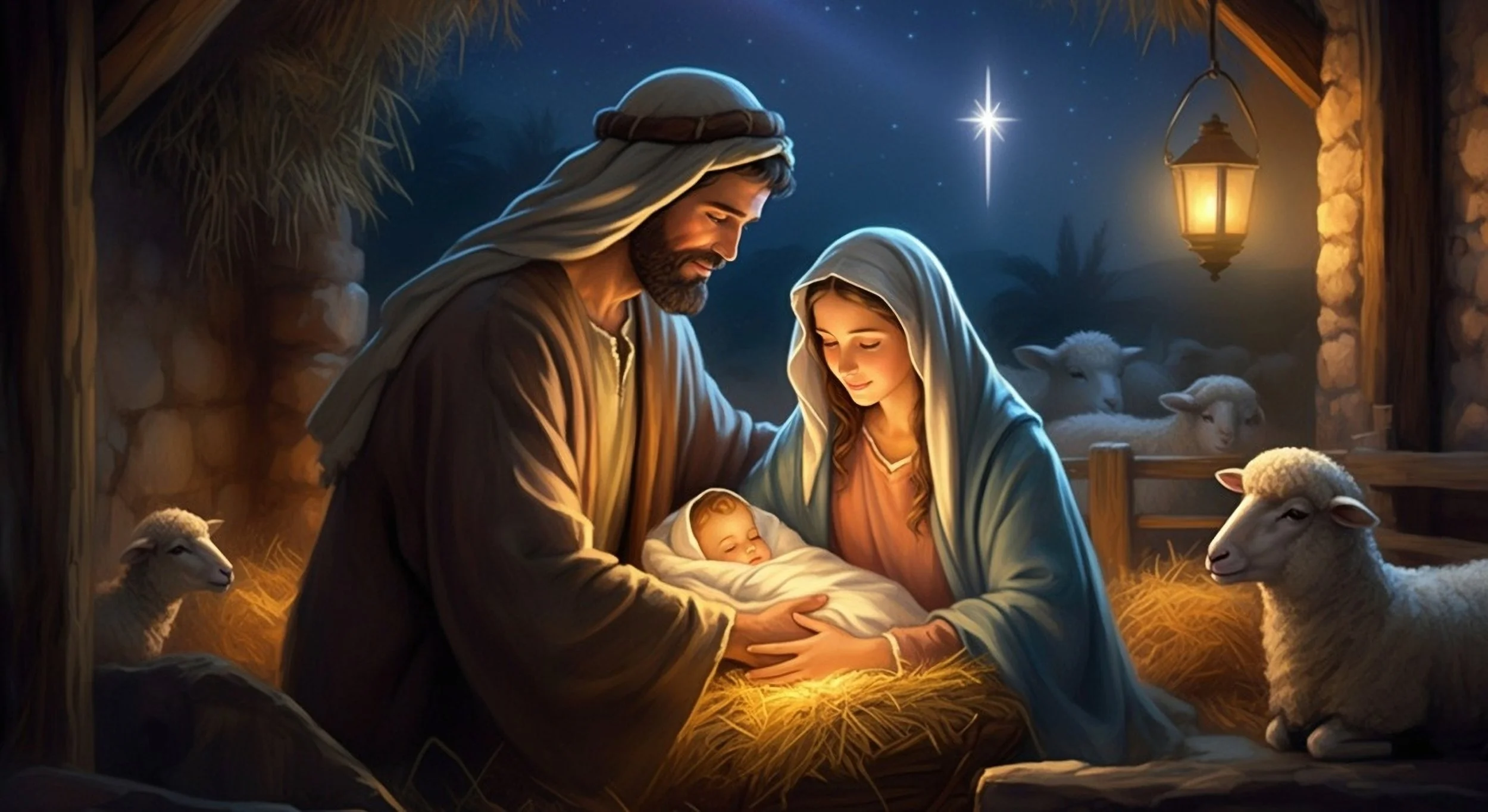 A nativity scene depicting Mary and Joseph with baby Jesus in a manger, surrounded by sheep and a starry night sky with a bright star.