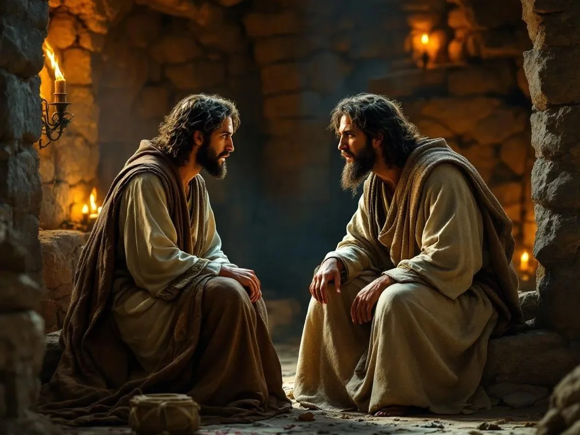 Encounter between Jesus and Nicodemus sitting face to face.