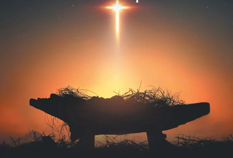 Illustration of Mary, Joseph, and baby Jesus in a nativity scene under a starry night sky with a bright star.