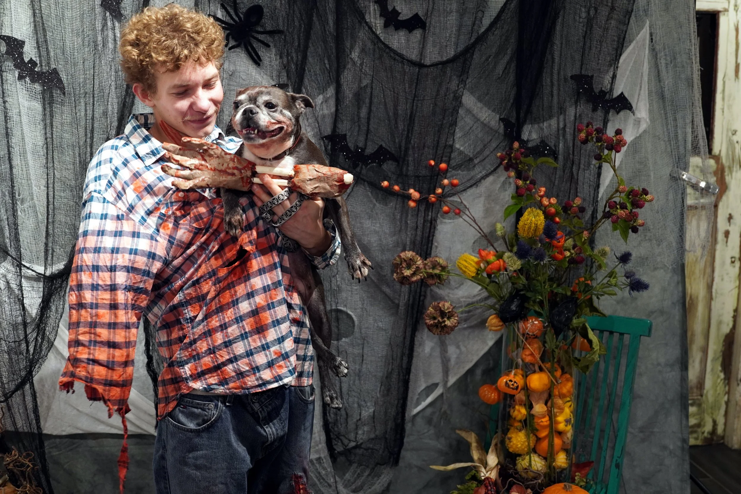 Maisy, with her Owner Zachary, Winner of Creepiest Costume!