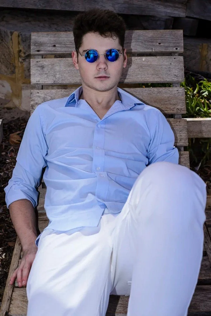 Christopher Gerken wearing 'Gear' Round Reflective #Sunglasses by #VSHADES 📸@csamodelsaus @azphotographyperth @christopher.r.g.gerken #Model #Fashion #Eyewear