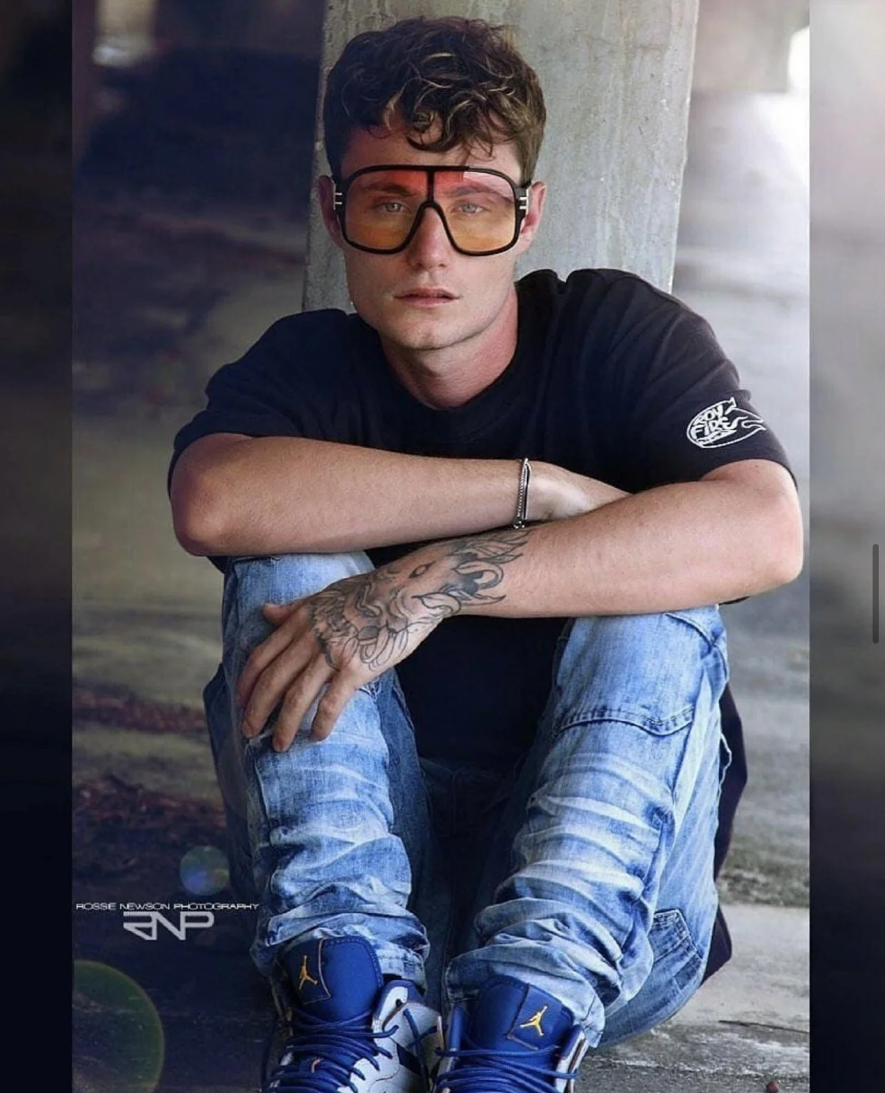 Model Chancellor Fekete wearing '1975' sunglasses by V SHADES with yellow tinted lenses • Photo by Rossie Newson