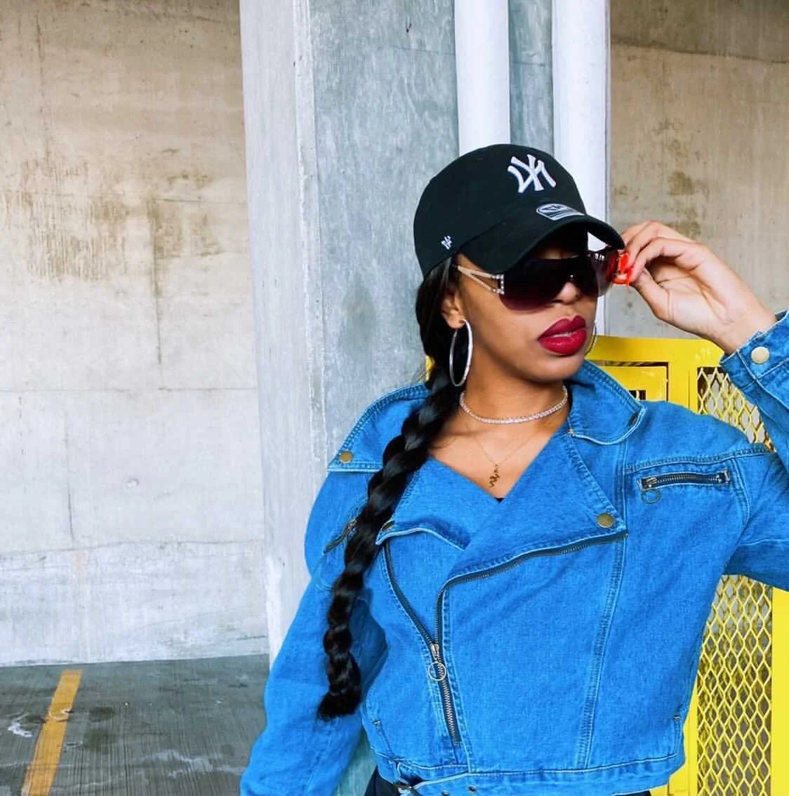 Model Monica Fitzpatrick wearing '2K' rhinestone shield sunglasses by V SHADES