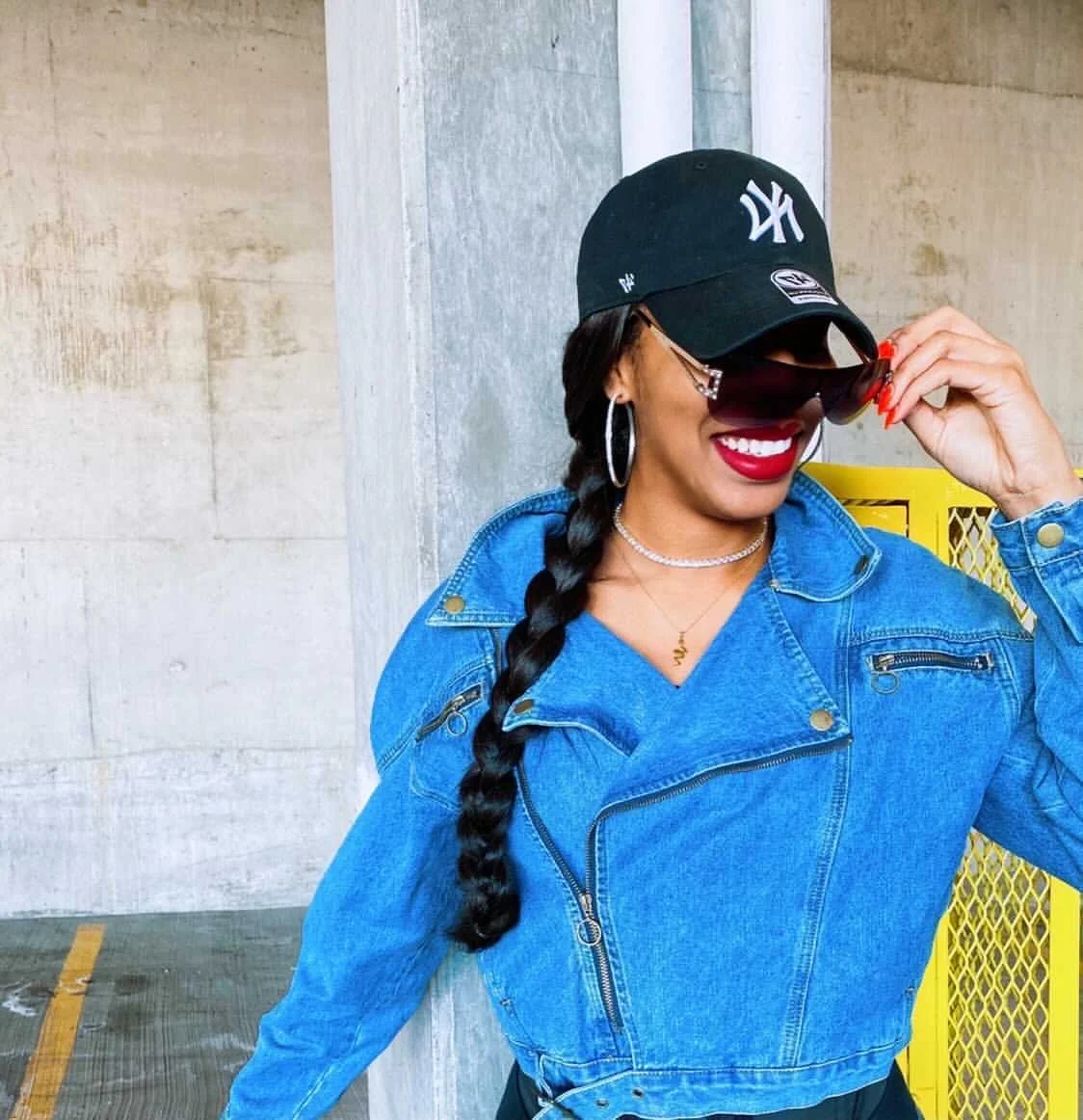 Model Monica Fitzpatrick wearing '2K' rhinestone shield sunglasses by V SHADES