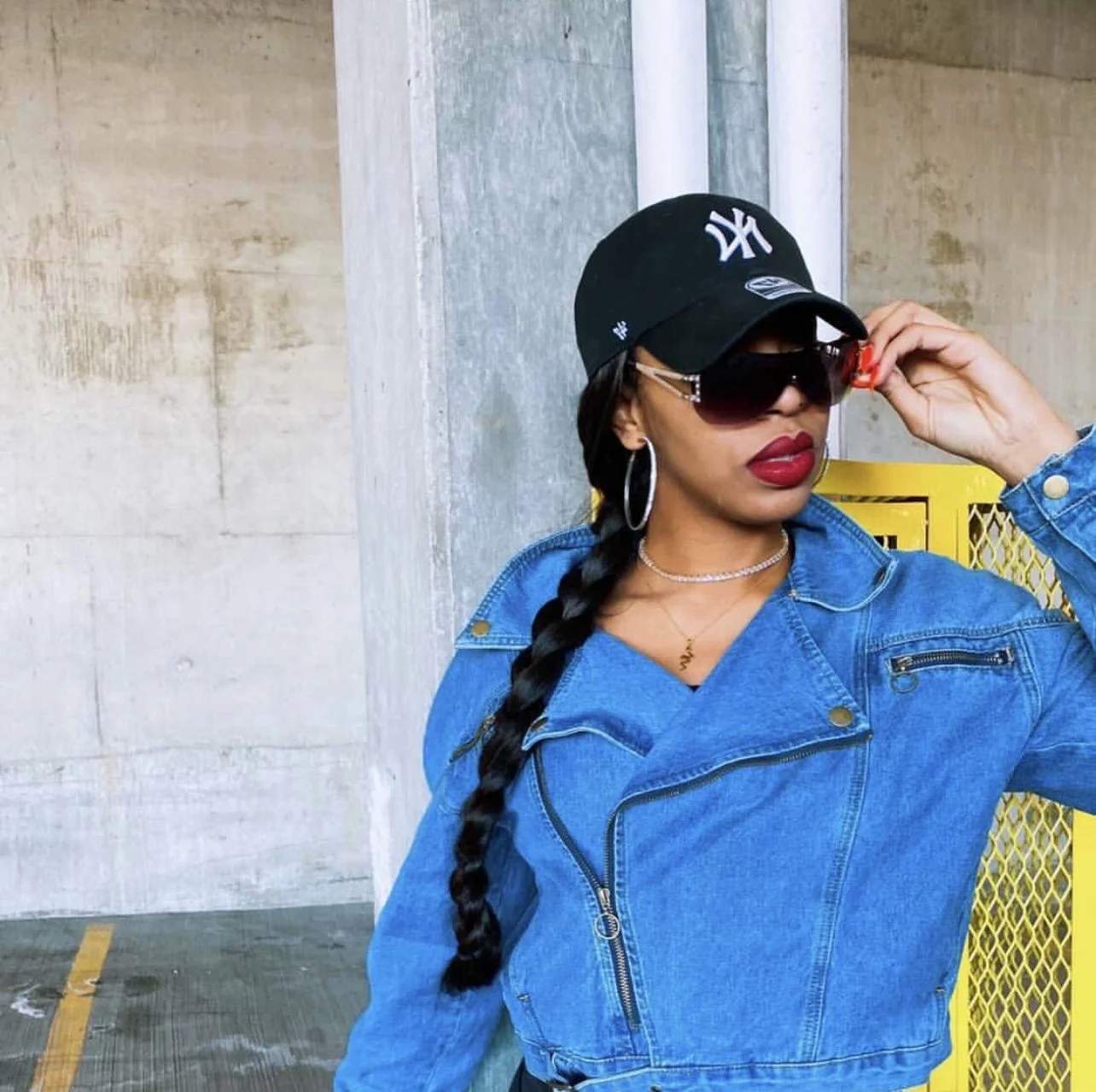 Model Monica Fitzpatrick wearing '2K' rhinestone shield sunglasses by V SHADES