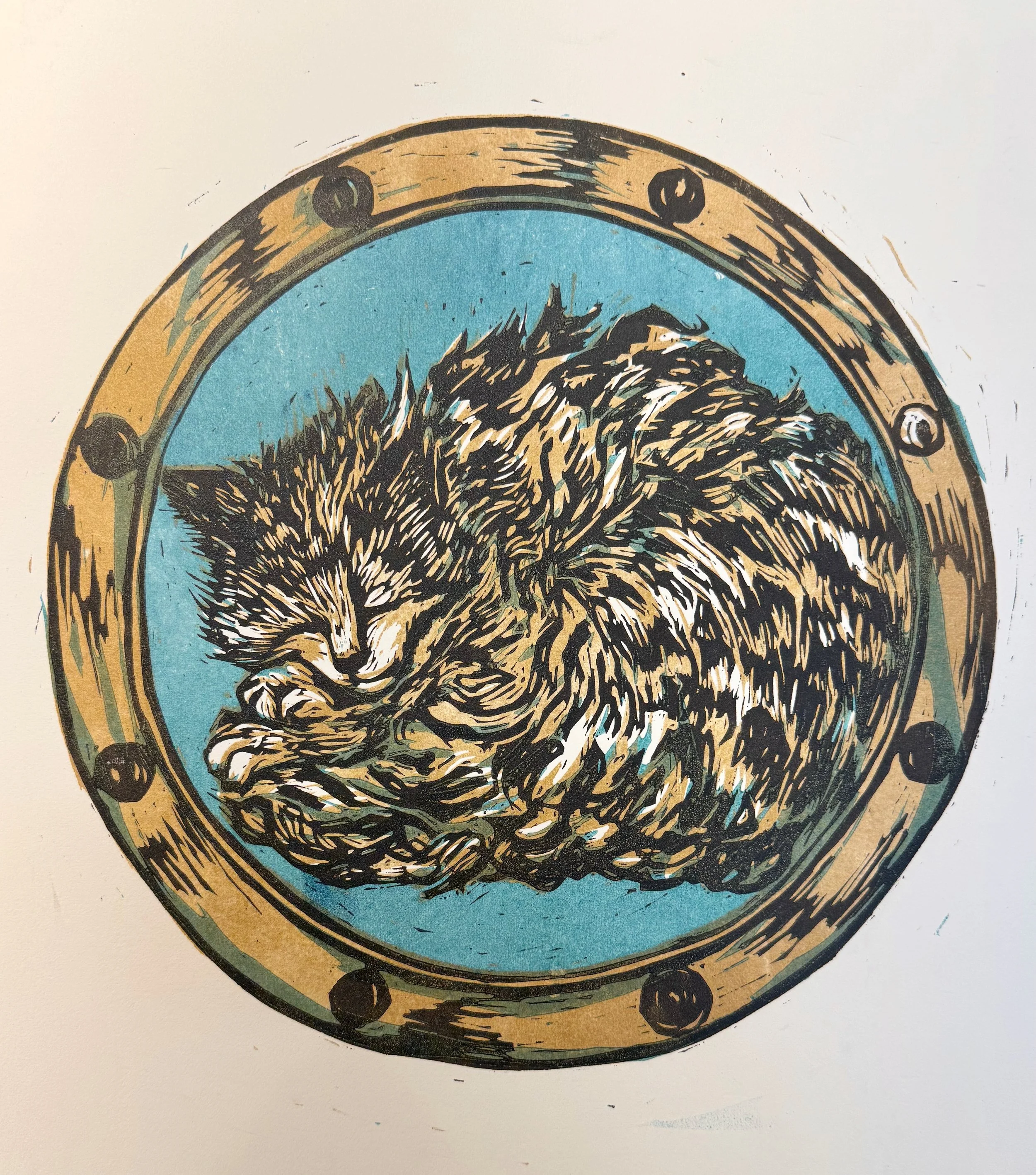 Cat in Porthole, Woodblock Print
Edition of 100, 12"x14", $70