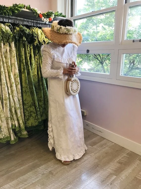white hawaiian dress 105R and darts front and back for a great fit Island Grace White Hibiscus Ruffle