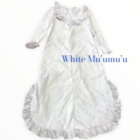 White Vintage Design Classic Hawaiian Long Sleeve Dress | Church Dress  Monstera Ohia Lehua  Princess Kaiulani Fashions Publications