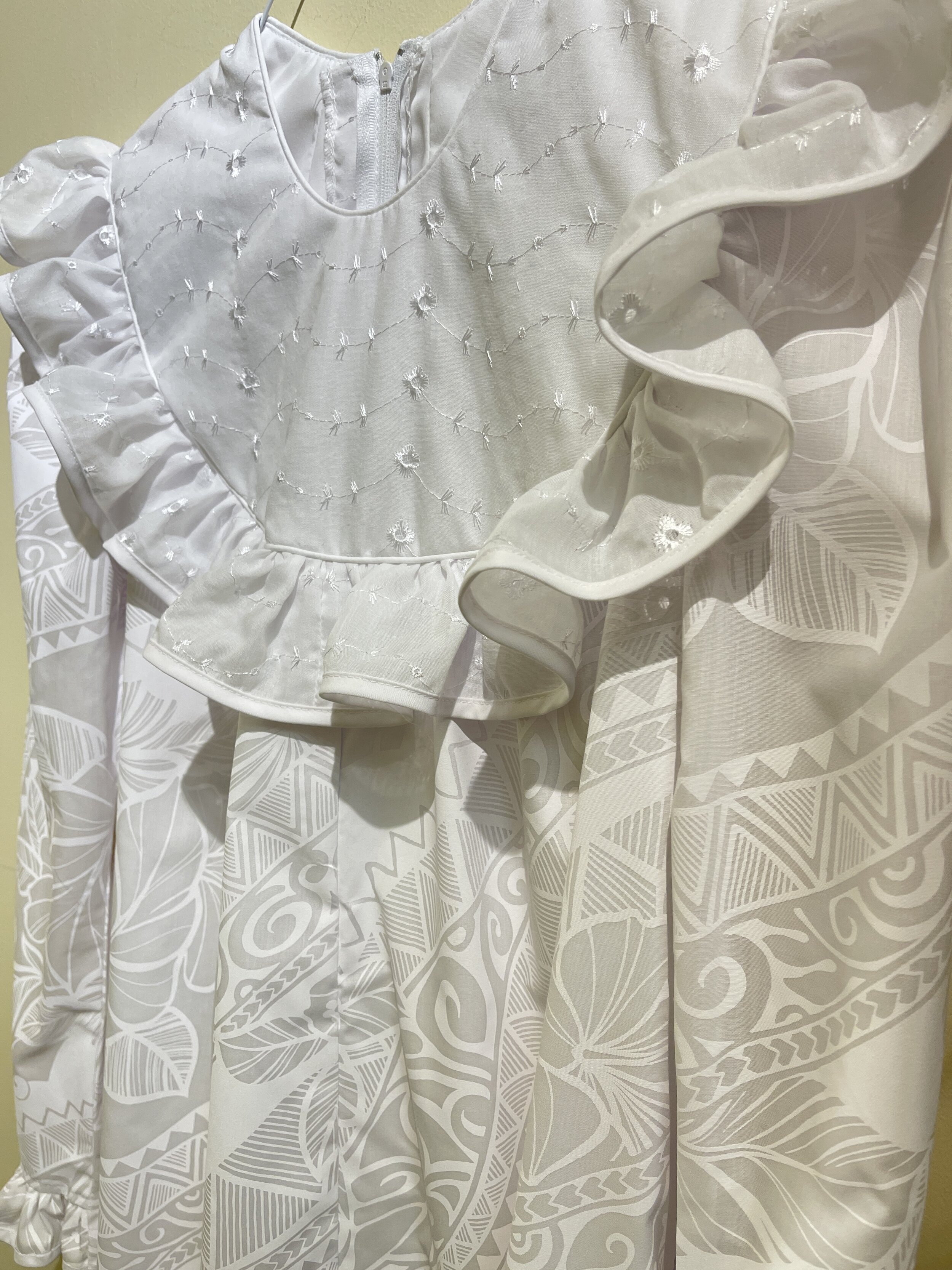 White Vintage Tapa Print Design Hawaiian Long Sleeve Dress | Church Dress
