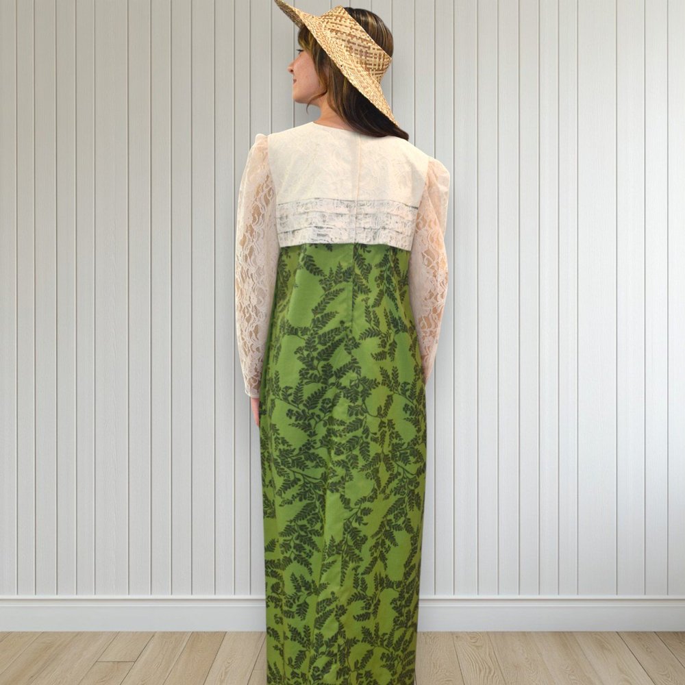 Green Leaf Print Long Pleated White Lace Hawaiian Dress 2034 Princess Kaiulani Fashions Publications Green Leaf Print Long Pleated White Lace Hawaiian Dress 2034 Princess Kaiulani Fashions Publications