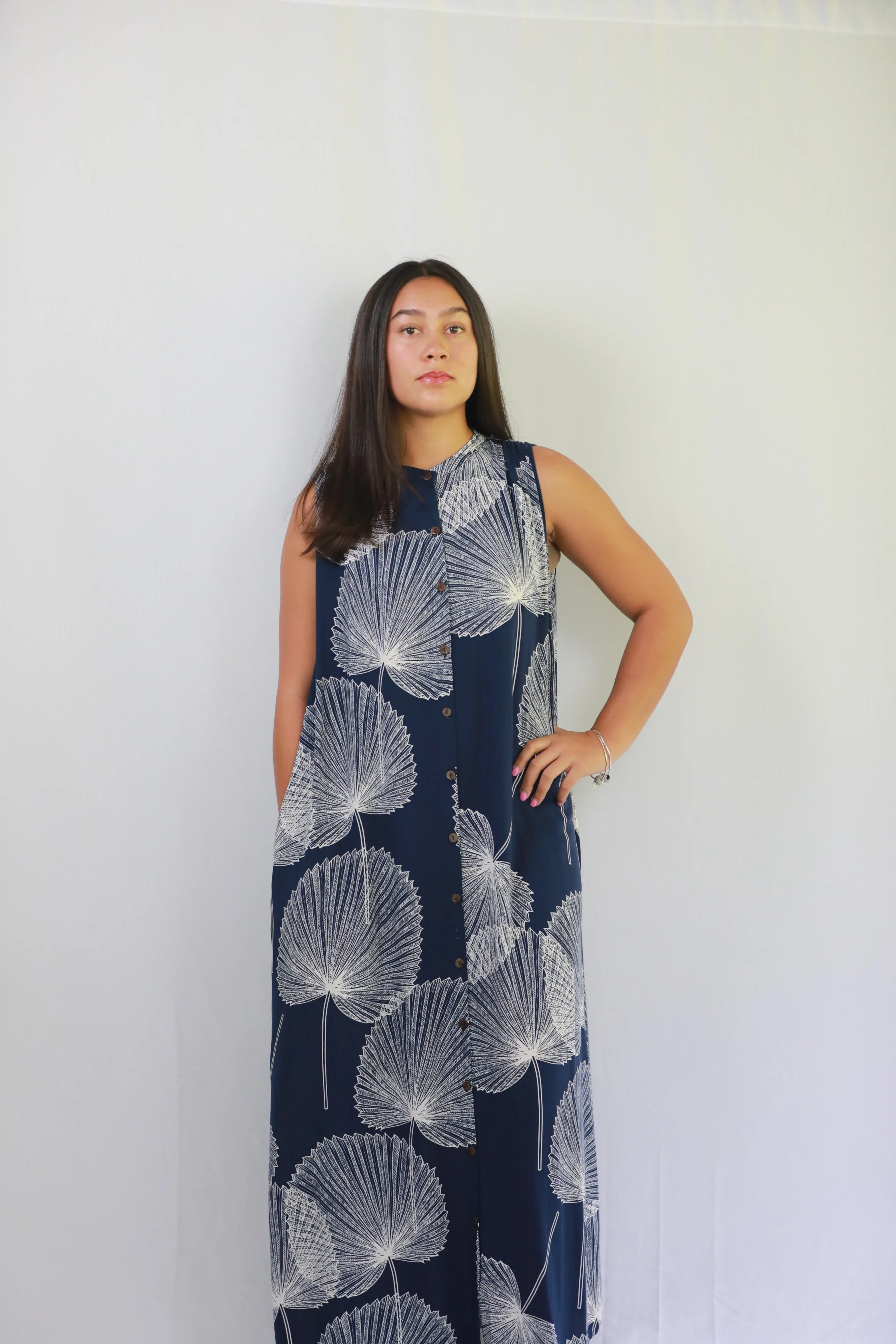 Hawaiian Leaf-Patterned Maxi Dress