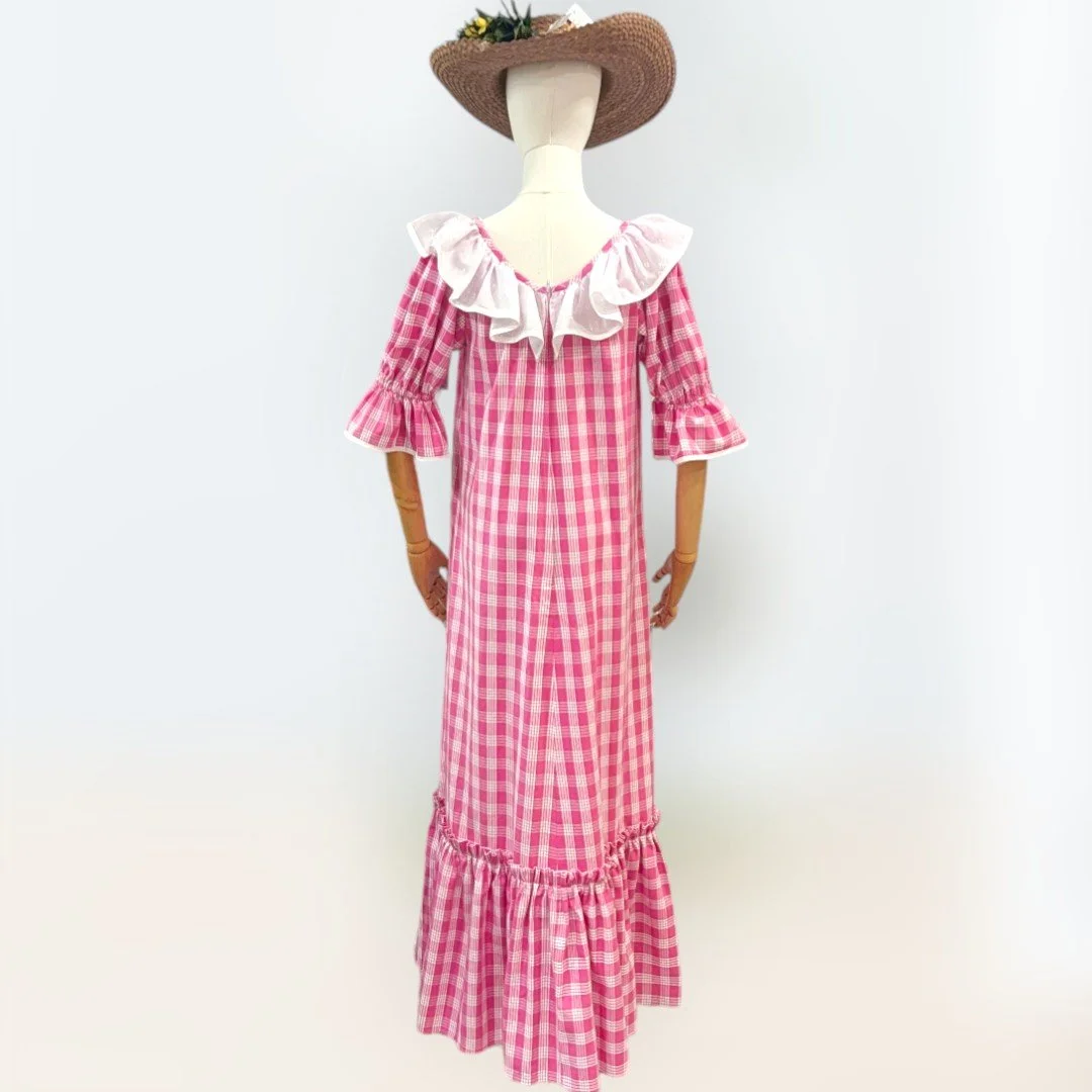 Hawaiian Pink Palaka Muumuu with White Ruffle 8631