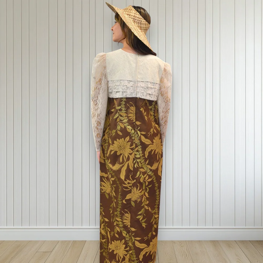 Brown Flower Lei Print Long Pleated Lace Hawaiian Dress 2034 Princess Kaiulani Fashions Publications Brown Flower Lei Print Long Pleated Lace Hawaiian Dress 2034 Princess Kaiulani Fashions Publications