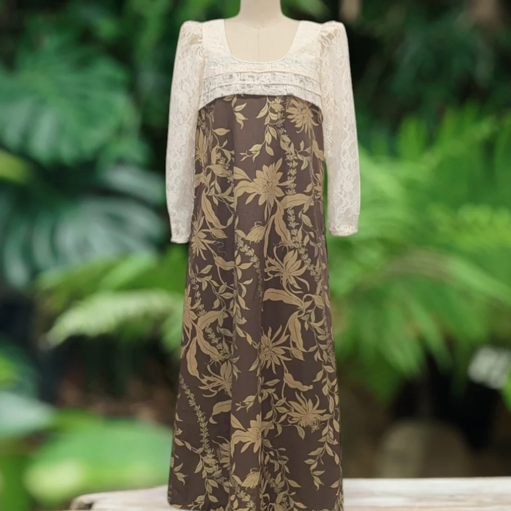 Brown Flower Lei Print Long Pleated Lace Hawaiian Dress 2034 Princess Kaiulani Fashions Publications Brown Flower Lei Print Long Pleated Lace Hawaiian Dress 2034 Princess Kaiulani Fashions Publications