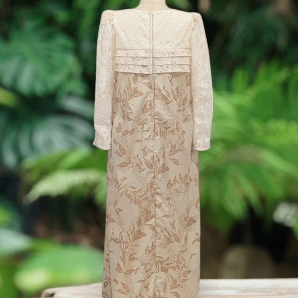 Cream Flower Lei Print Elegant Long Pleated Lace Hawaiian Dress 2034   Princess Kaiulani Fashions Publications