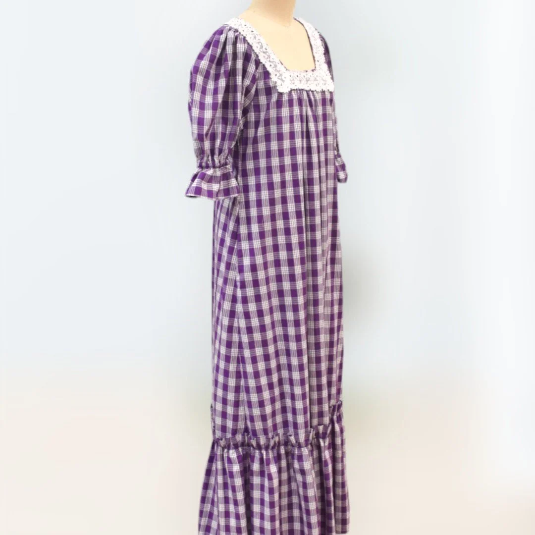 Blue Gingham Hawaiian Muumuu Dress with Ohia Lehua Print 8421