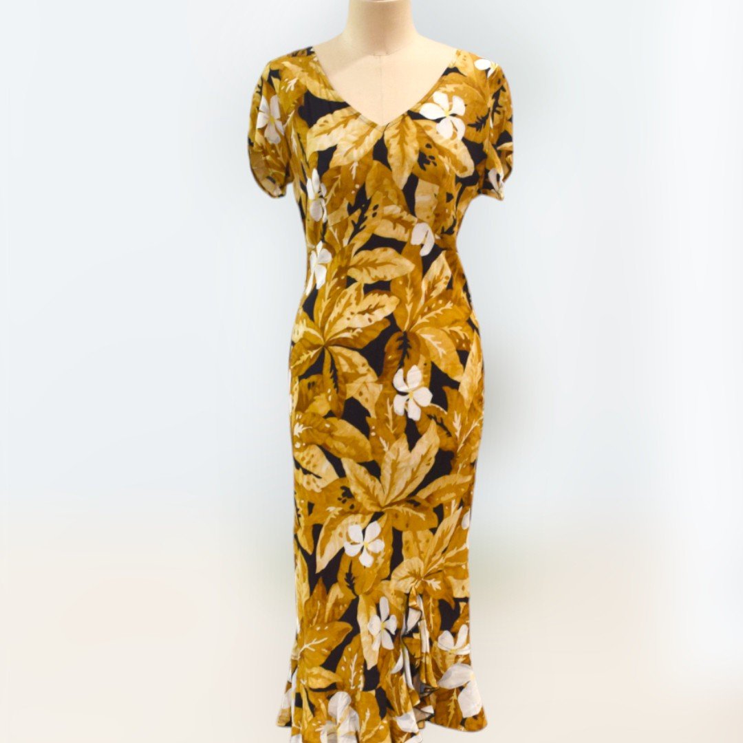 Short Sleeve Plumeria Rayon Dress Brown (1).jpg