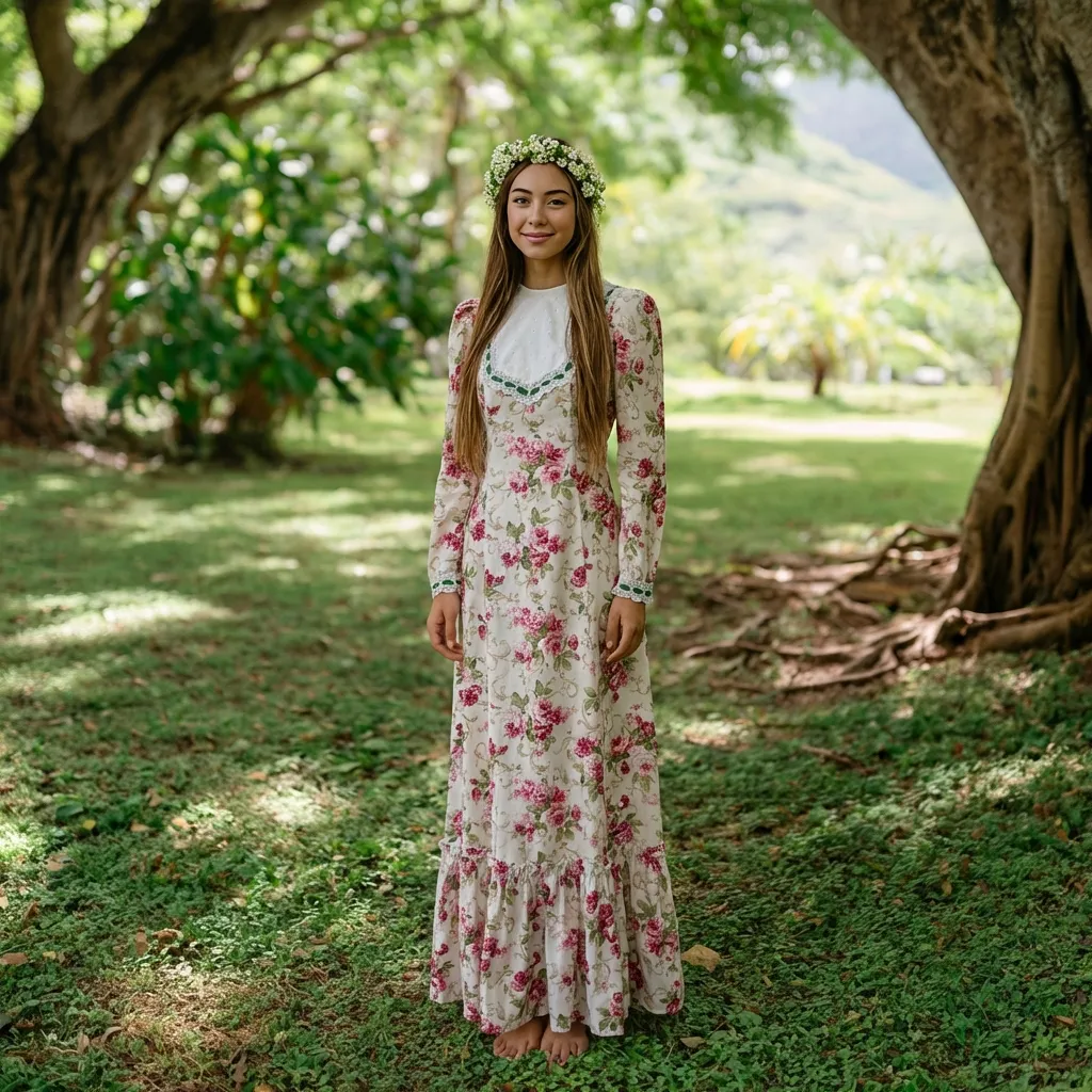 Rose Print Long Sleeve Dress with Lace Ribbon Trim- Cream 6761 750