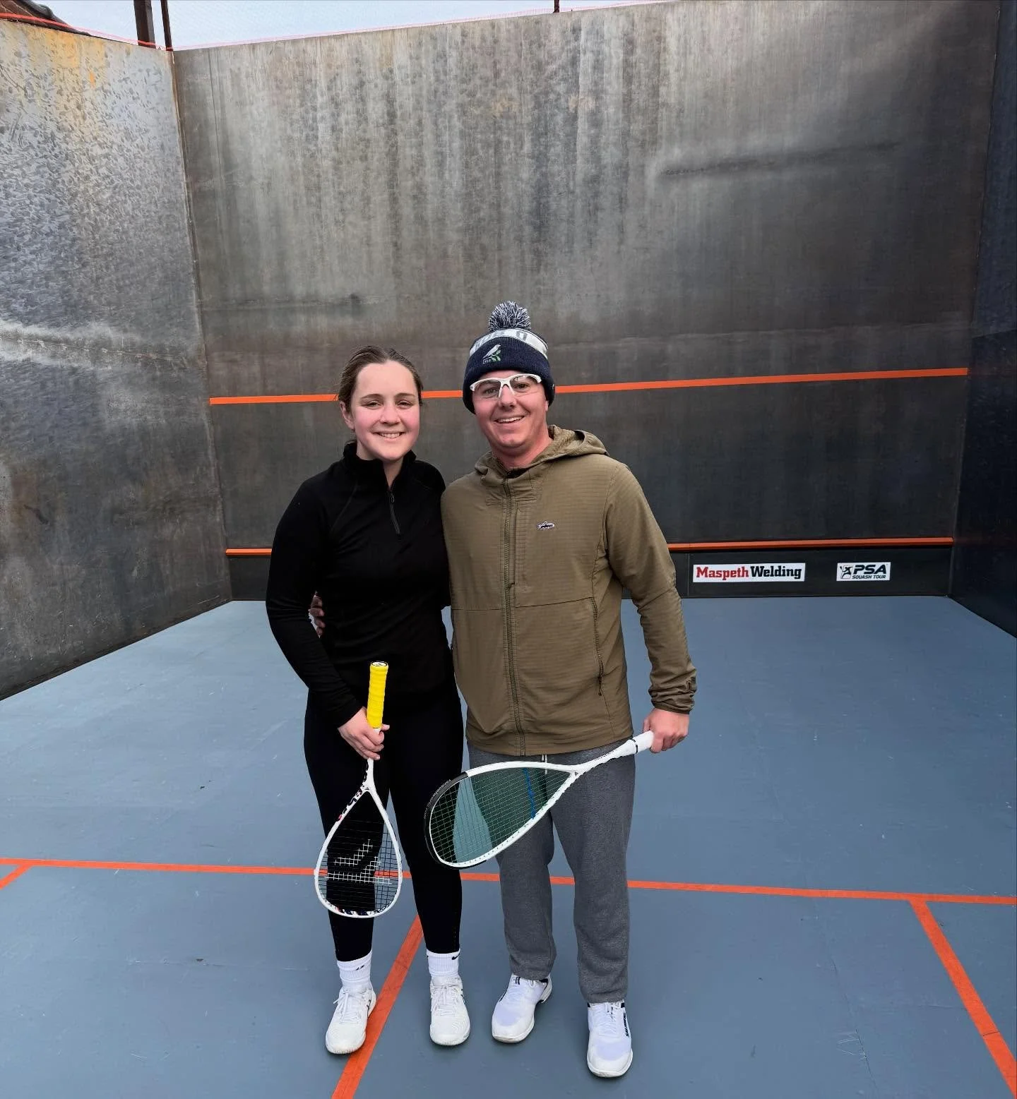 Chris from Chicago and Taylor from Texas on a Saturday afternoon squash outing with the radiant heat from the floor and from within on the steel court in Maspeth. 

#squash #outdoorsquash 
#itsinqueens 
Come out and play. 
MaspethSquash.com
