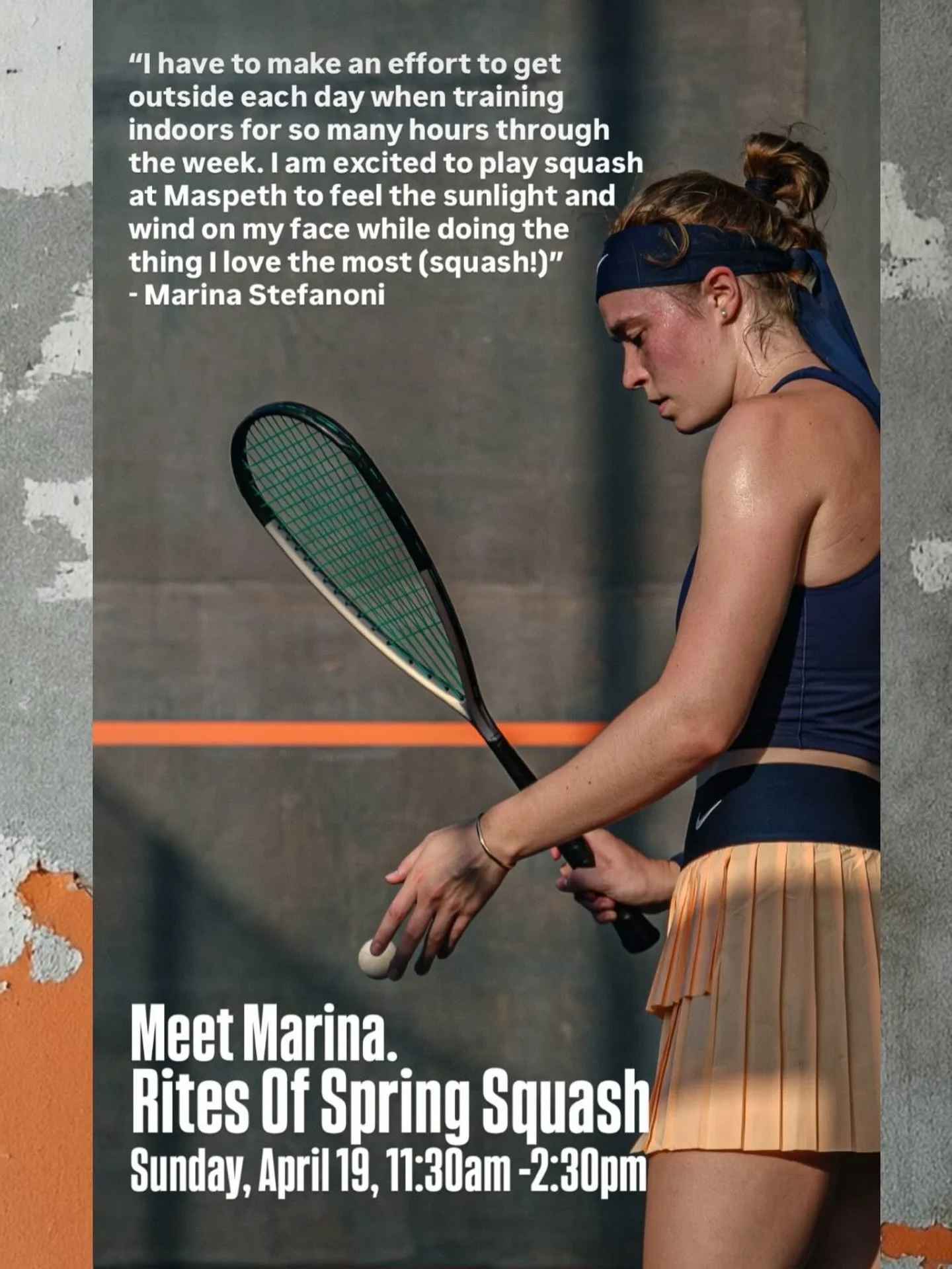 Meet Marina!

Meet Timmy, Alina and Matias as well.
@ our Rites of Spring Squash Event&hellip;
Sunday, April 19, 2026,
11:30 am - 2:30 pm

Featuring Timmy Brownell, Alina Bushma, Matias Knudsen, Marina Stefanoni. Professional singles, doubles, and tr